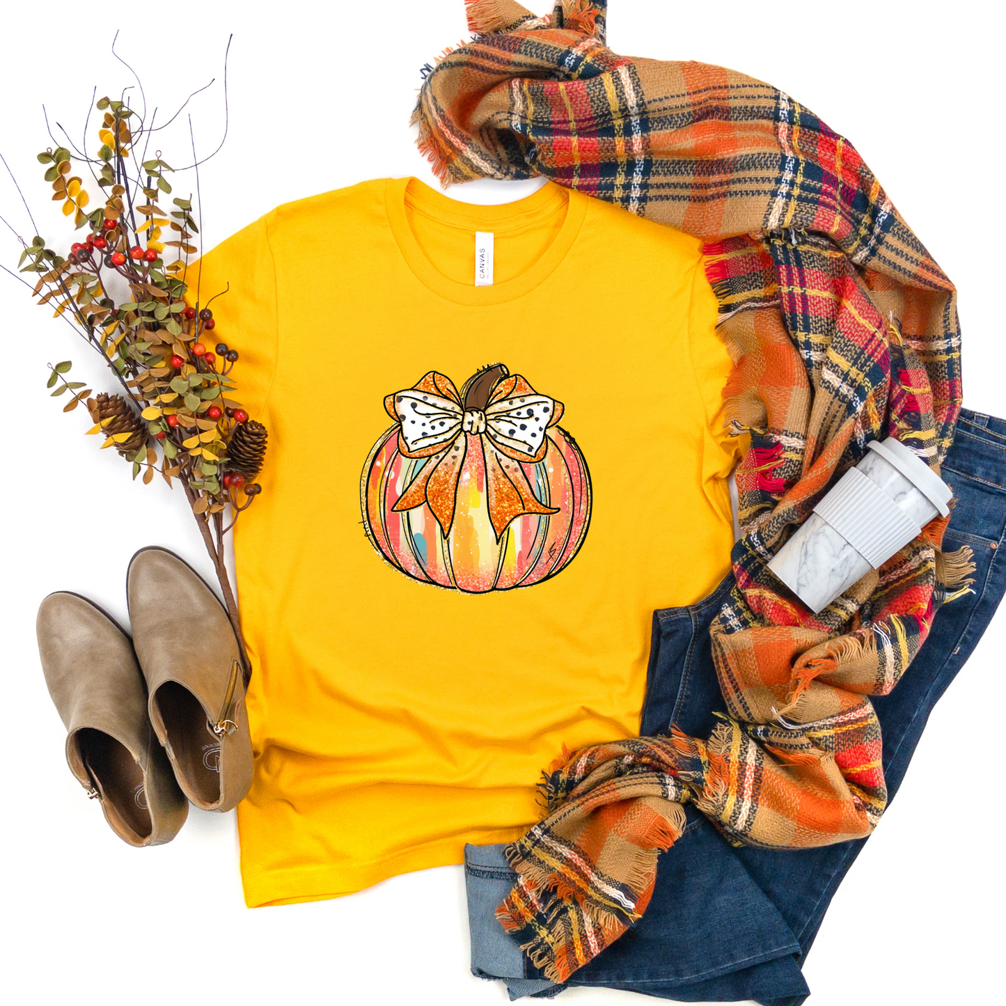 Wholesale Colorful Pumpkin Bow Graphic Tee - Gold Tee
