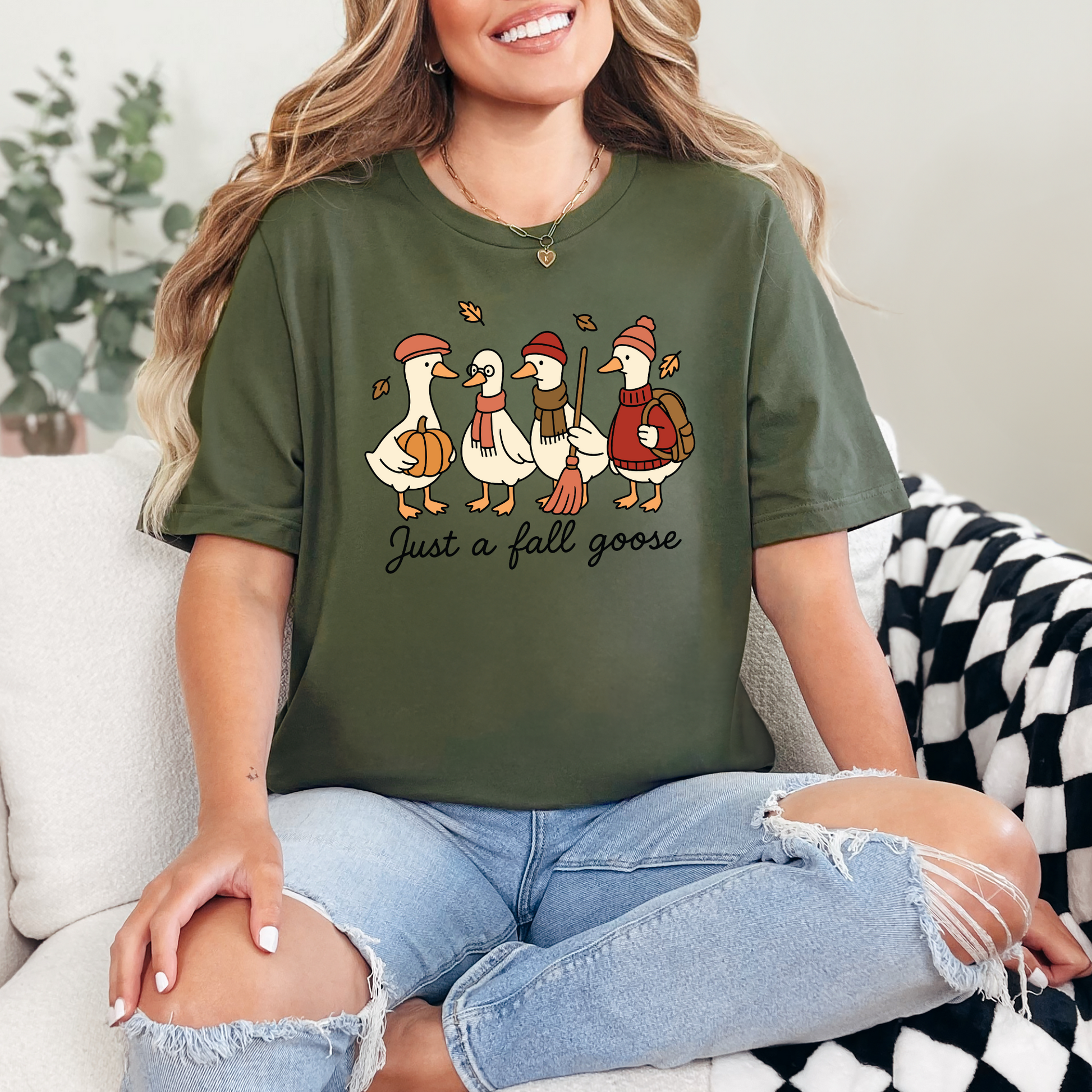 Wholesale Just a Fall Goose Graphic Tee - Military Green Tee