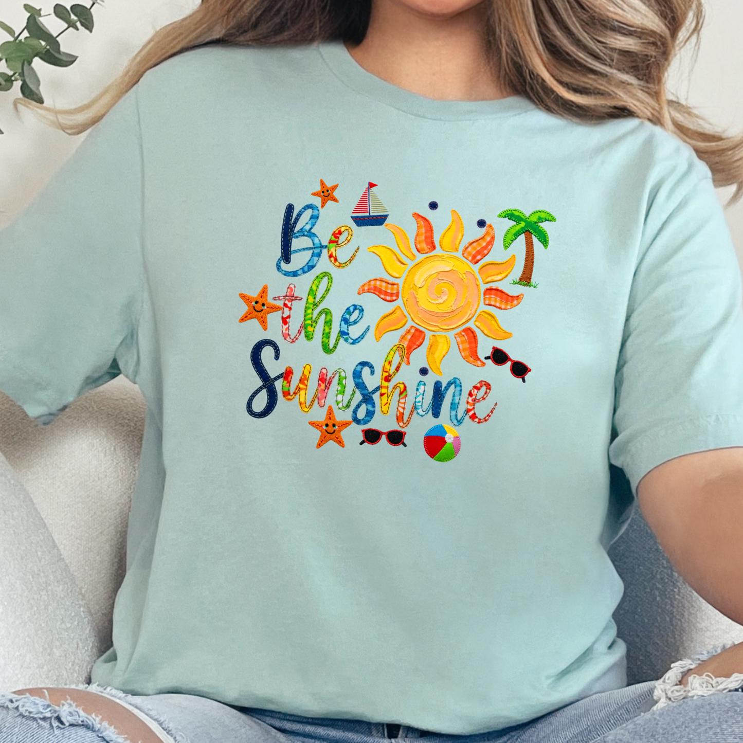 Wholesale Patchwork Be The Sunshine Graphic Tee - Dusty Blue Tee