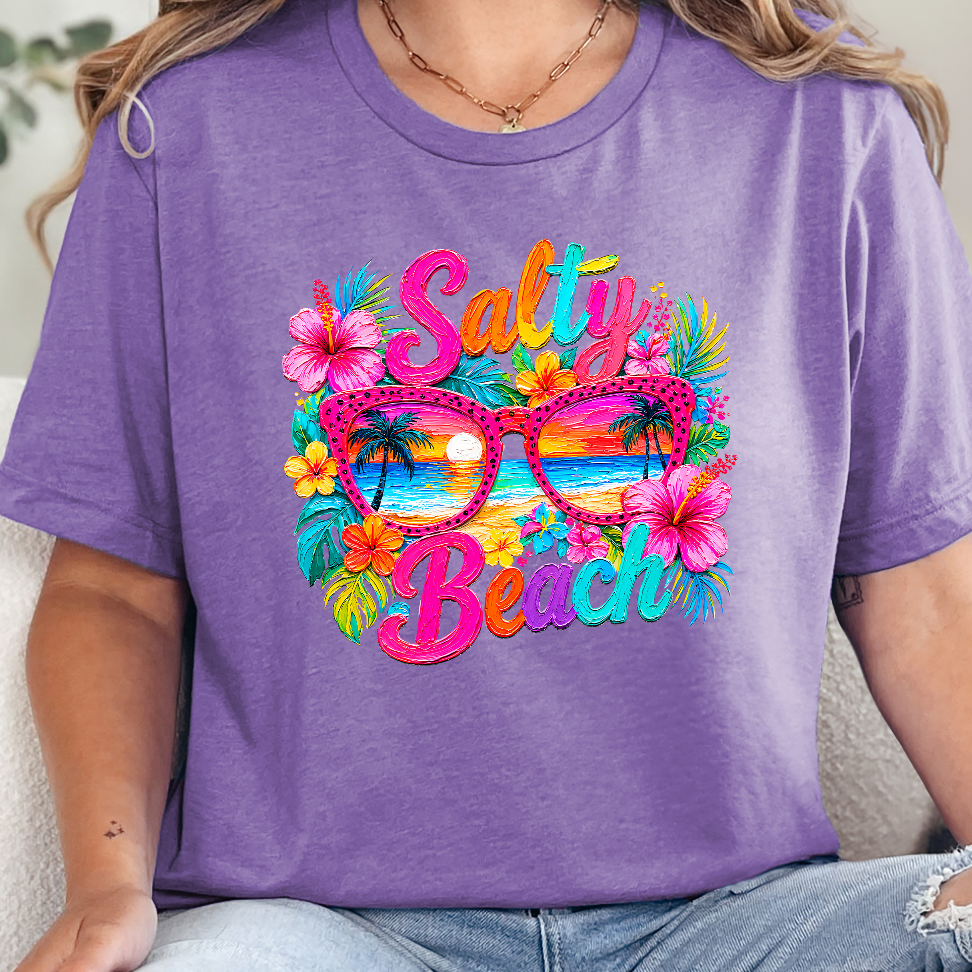 Wholesale Floral Salty Beach Graphic Tee - Heather Team Purple