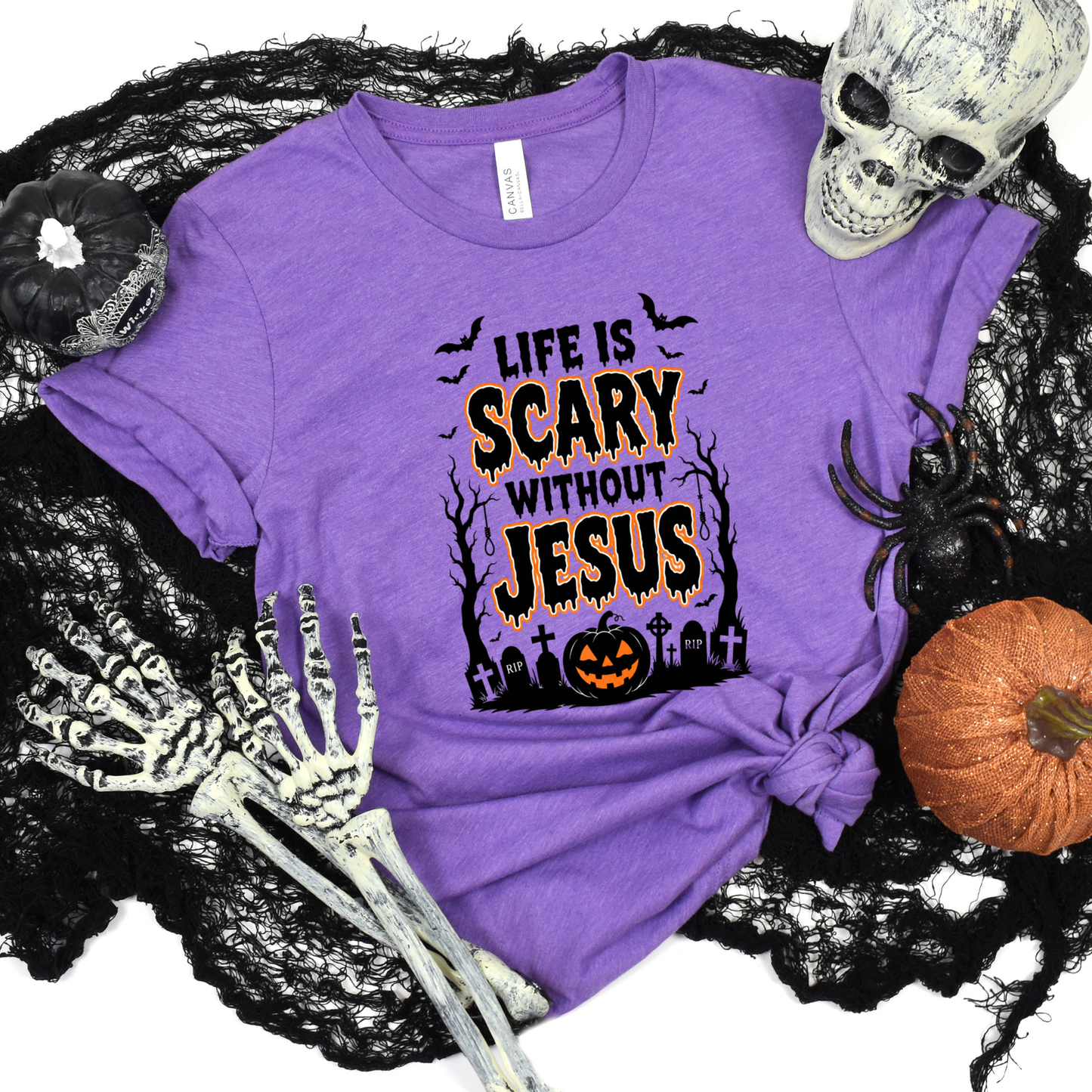 Wholesale Life Is Scary without Jesus Graphic Tee - Heather Team Purple