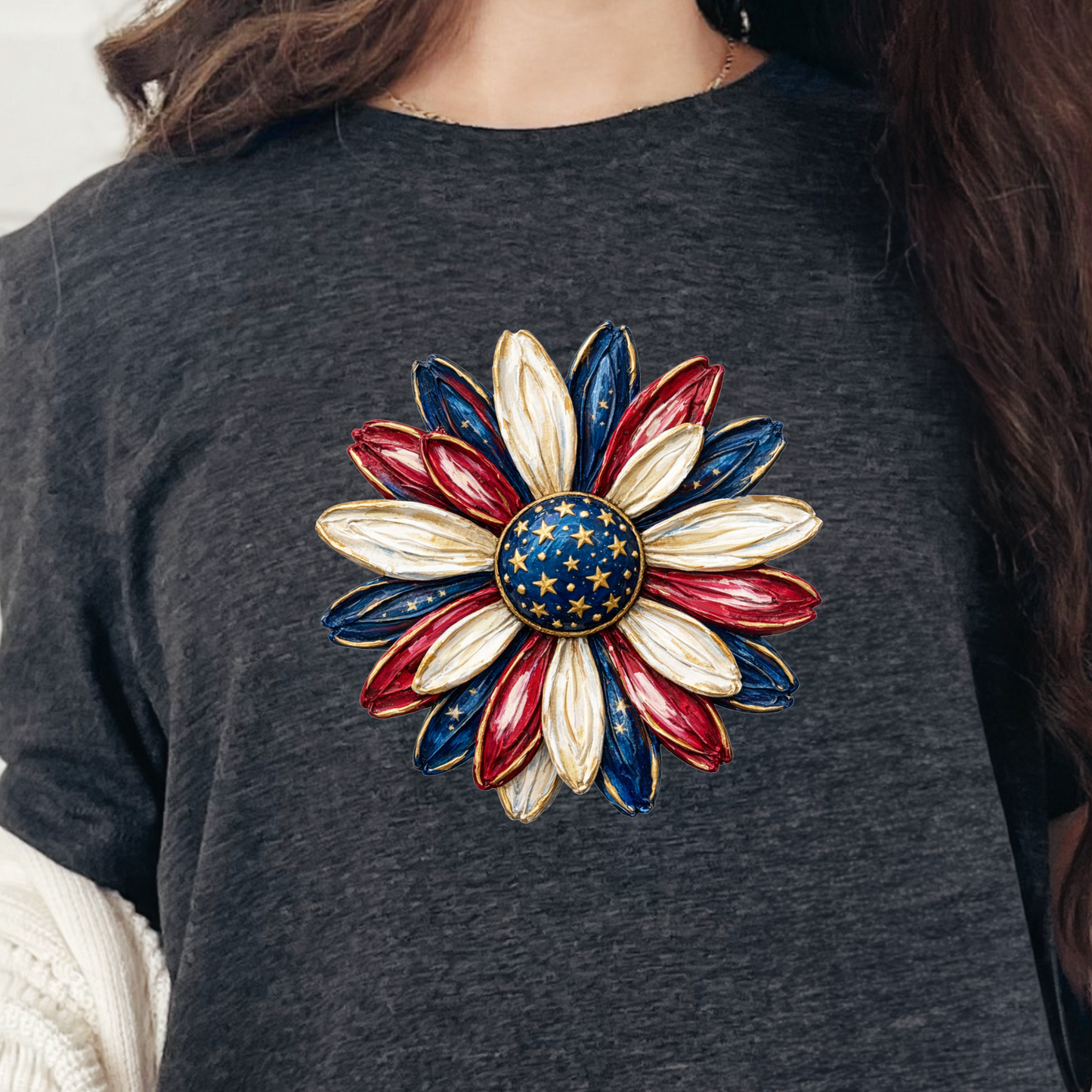 Wholesale Patriotic Daisy Graphic Tee - Dark Grey Heather Tee