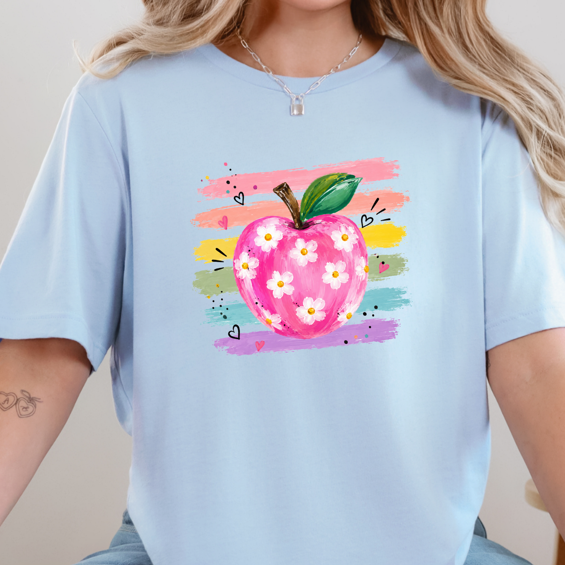 Wholesale Teacher Watercolor Apple Graphic Tee - Baby Blue