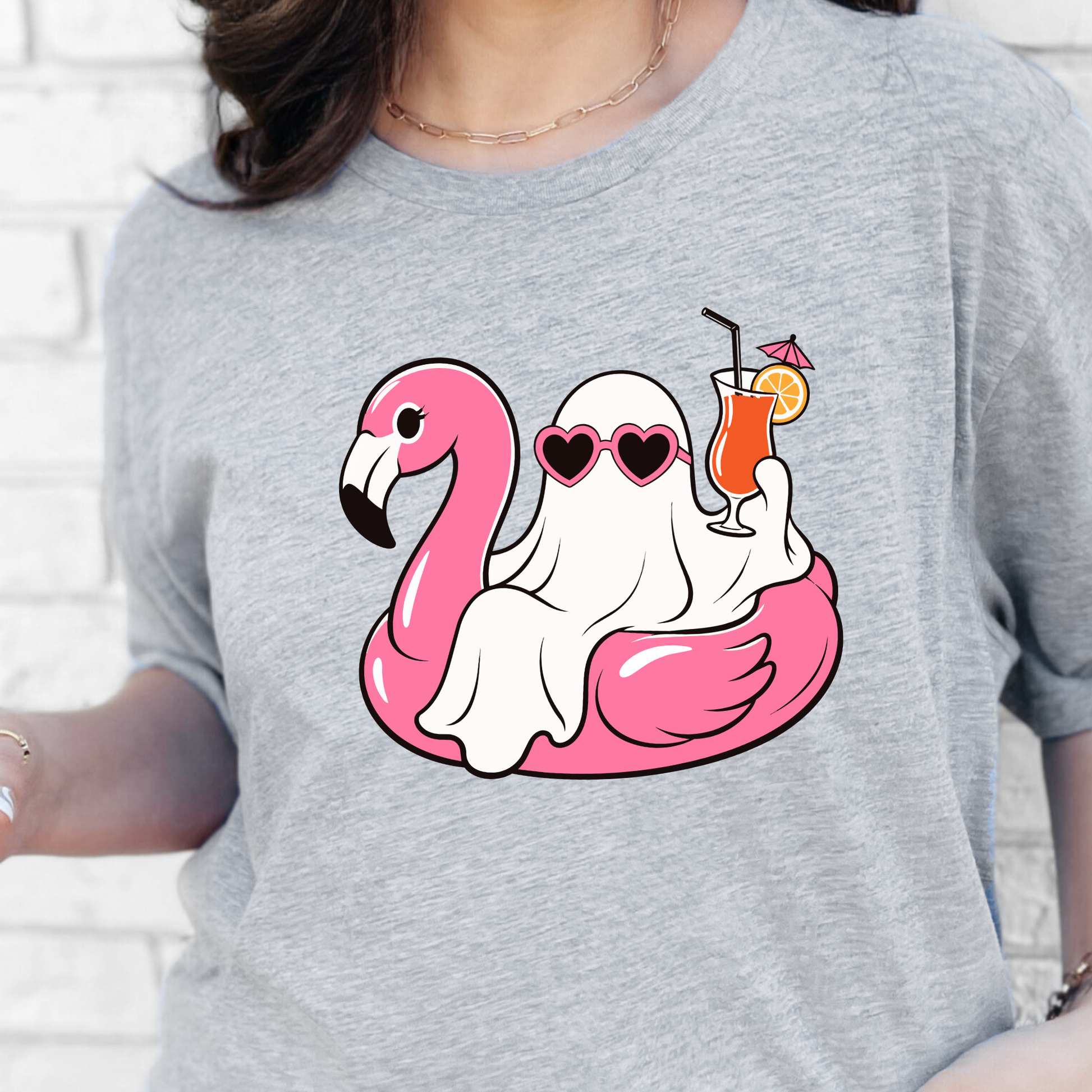 Wholesale Ghost with Pink Flamingo Graphic Tee - Grey
