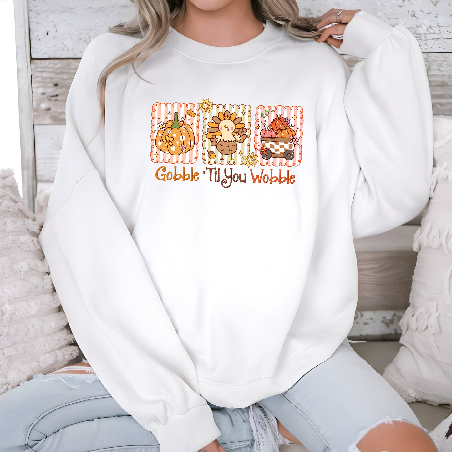 Wholesale Gobble Til You Wobble Sweatshirt - White Sweatshirt