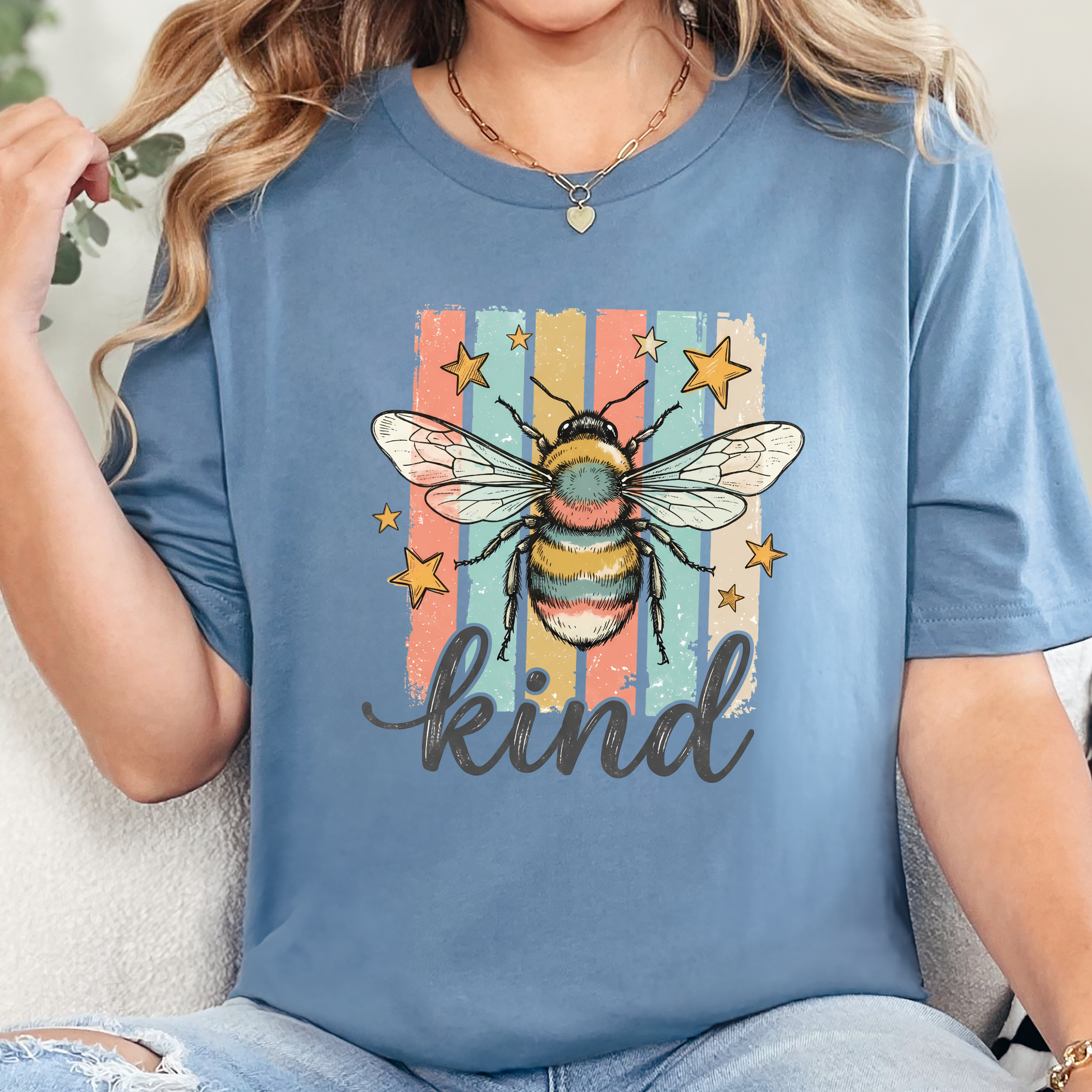 Wholesale Bee Kind Striped Graphic Tee - Steel Blue Tee
