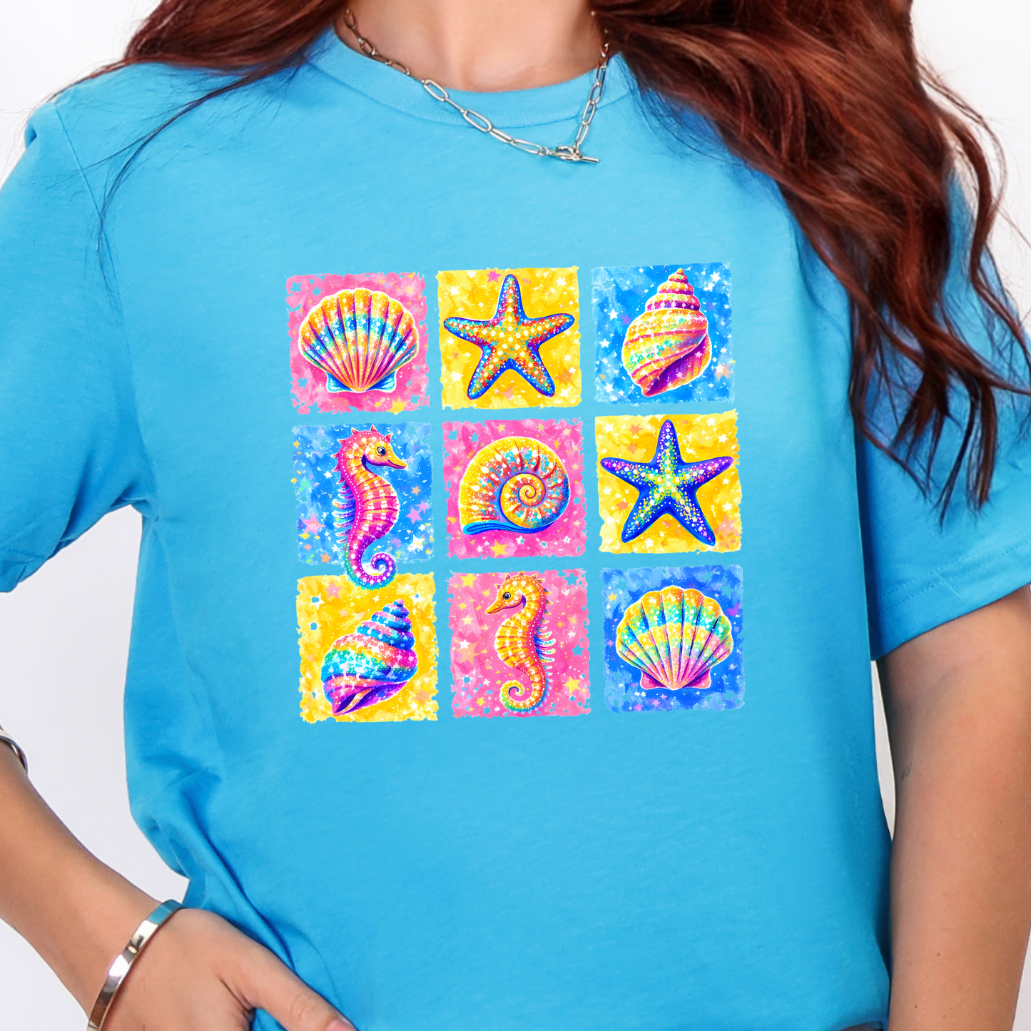 Wholesale Preppy Summer Grid Graphic Tee - Heather Aqua