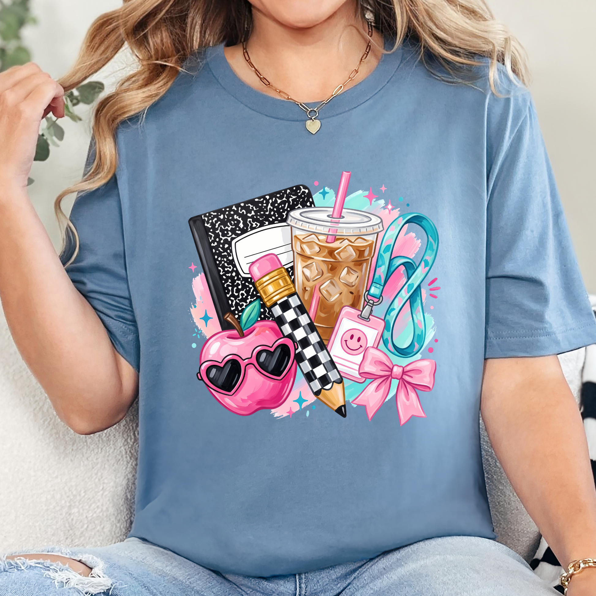 Wholesale Preppy Back to School Graphic Tee - Steel Blue