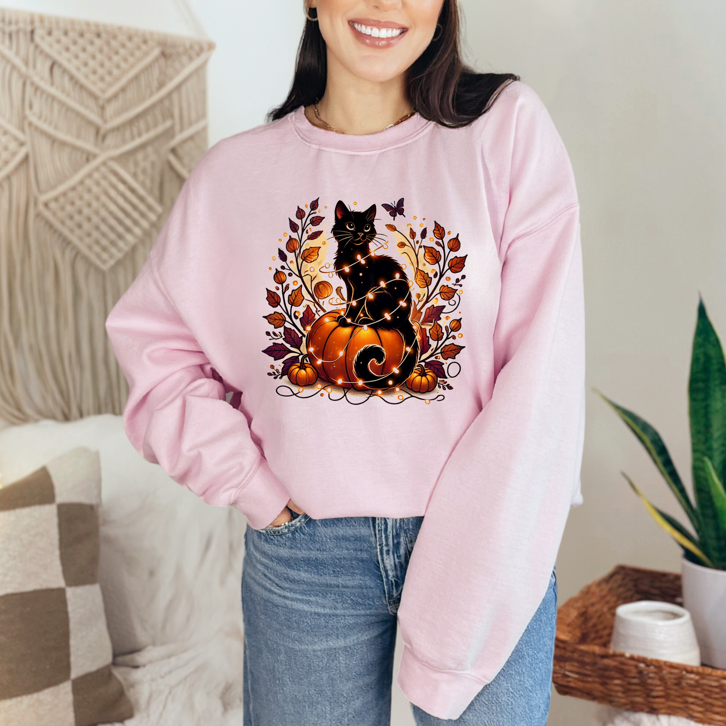 Wholesale Cat with Pumpkin Sweatshirt - Light Pink Sweatshirt