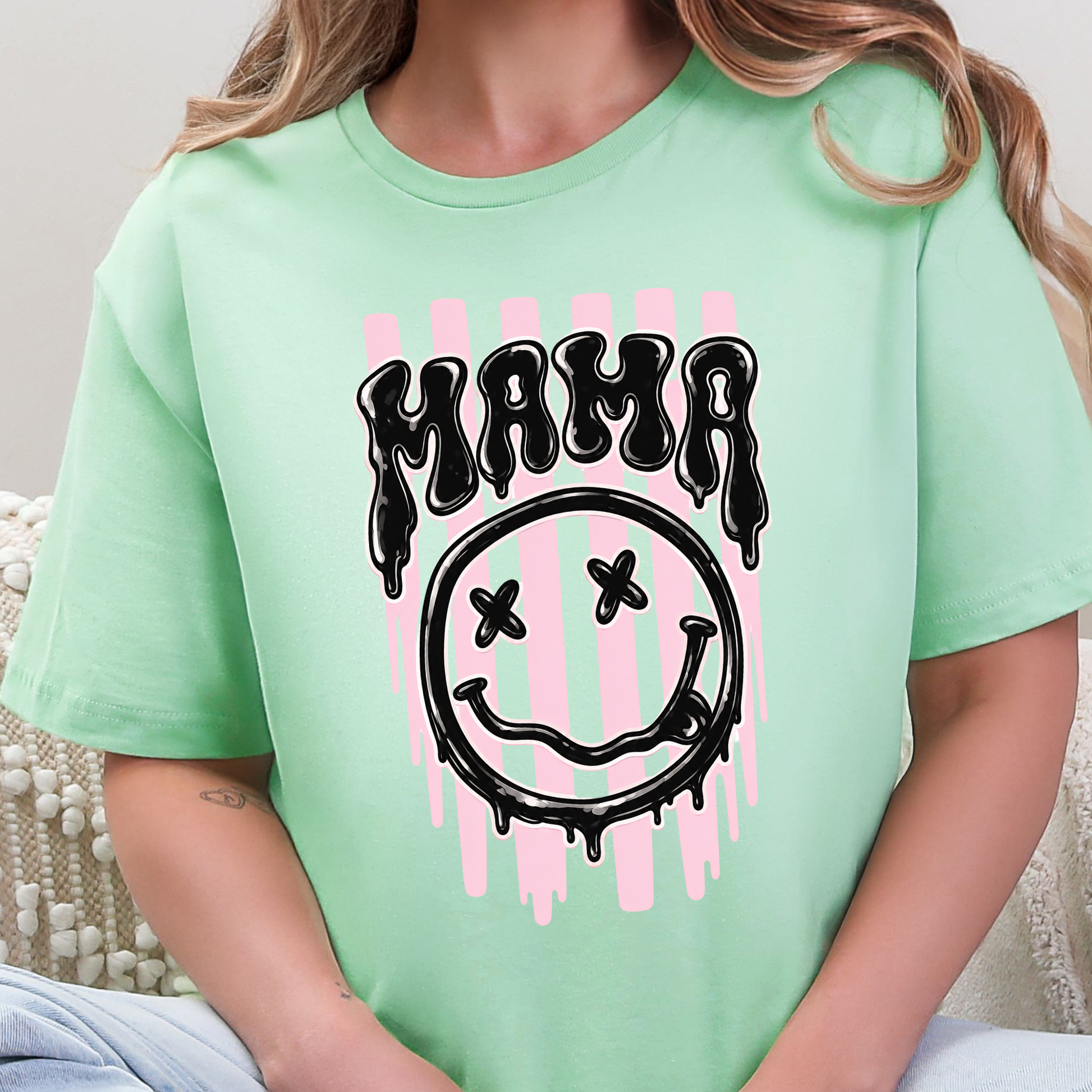 Wholesale Mama Smiley Face Graphic Tee - Mint Tee