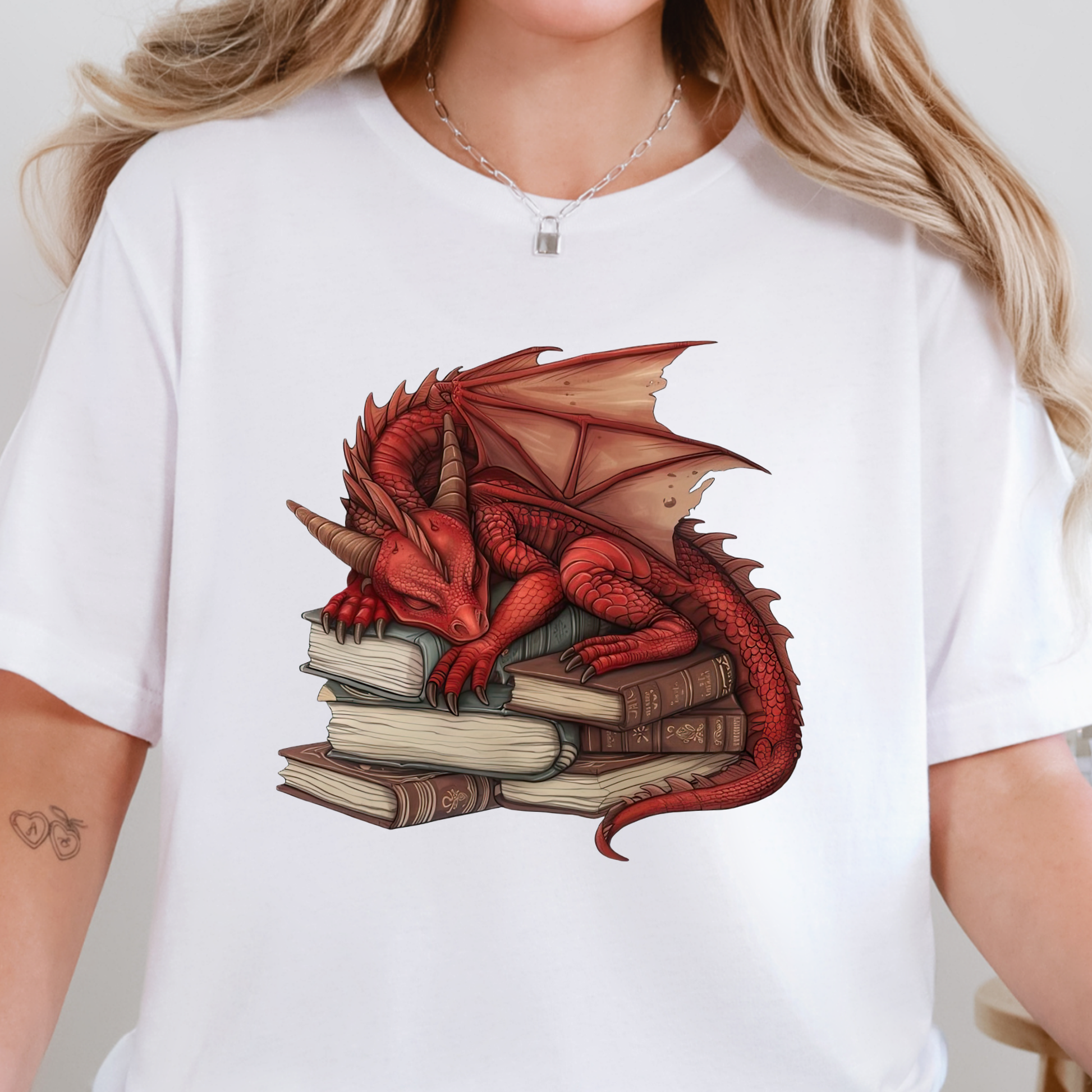 Wholesale Dragon Sleeping on Books Graphic Tee - Red Dragon on White