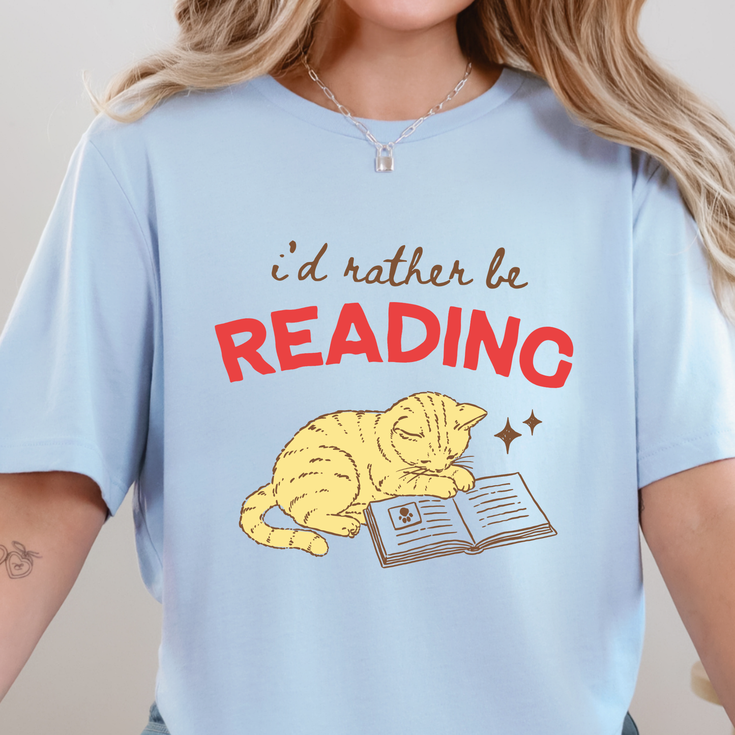 Wholesale I'd Rather Be Reading Cat Graphic Tee - Baby Blue