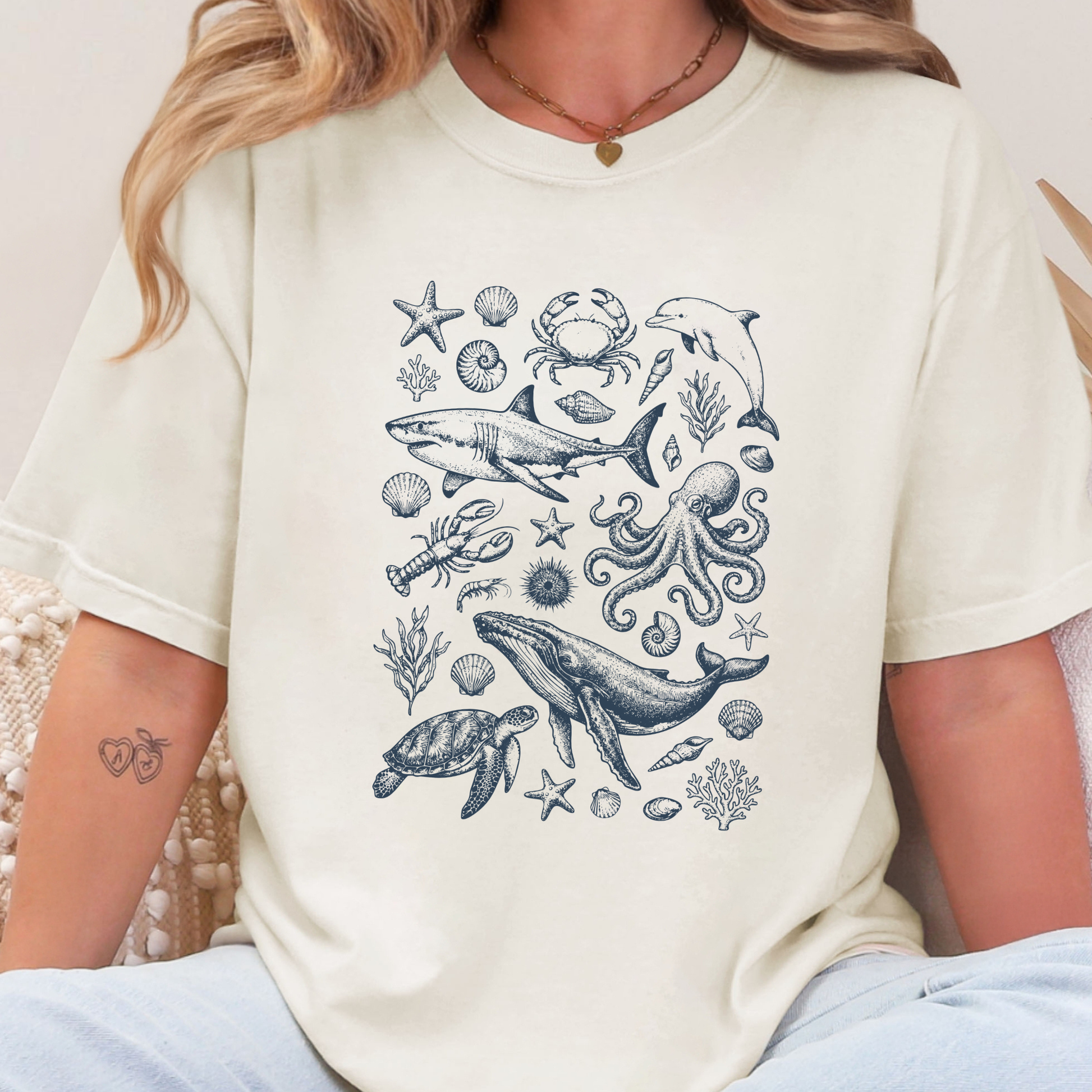 Wholesale Summer Coastal Ocean Life Graphic Tee - Ivory