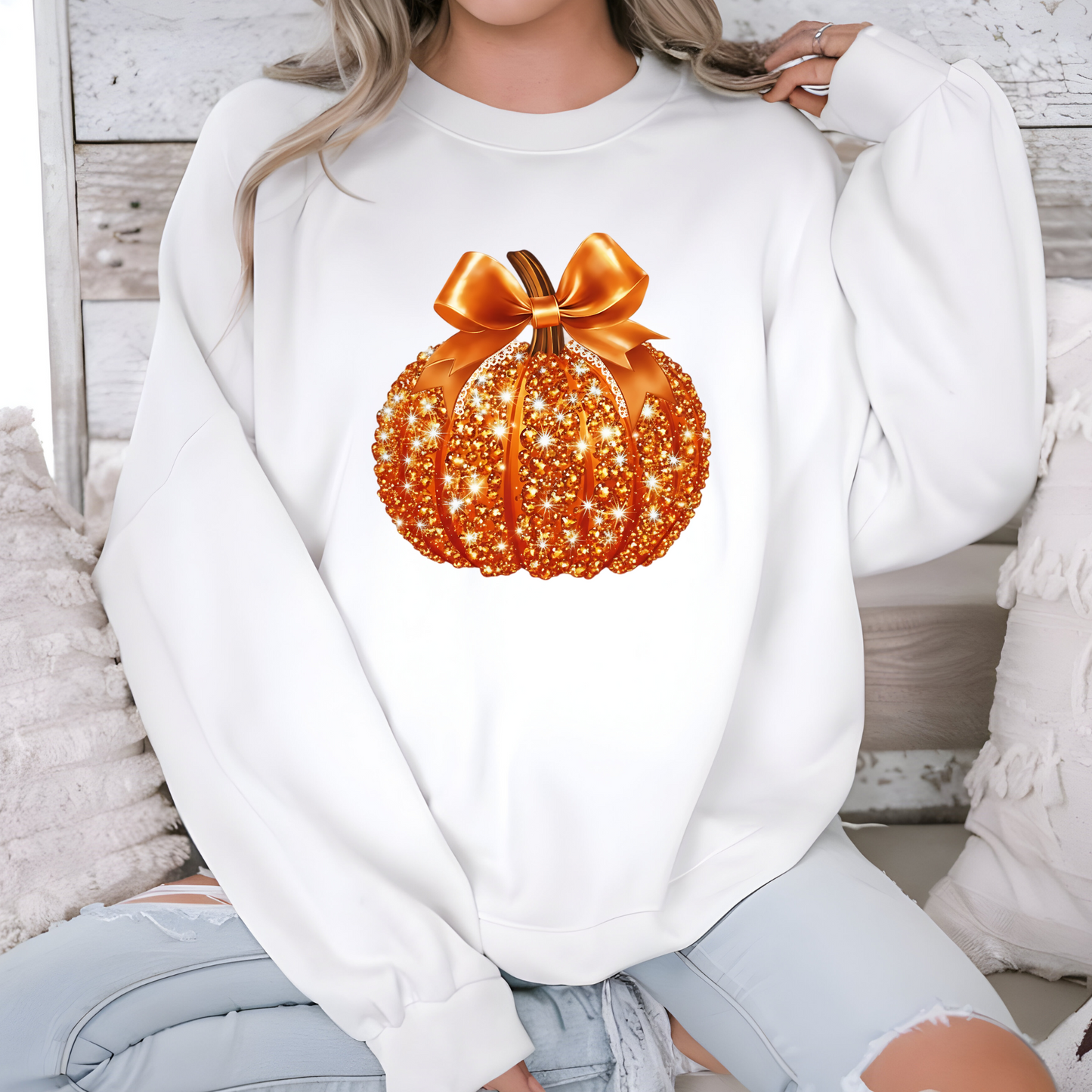 Wholesale Disco Glitter Pumpkin Sweatshirt - White Sweatshirt
