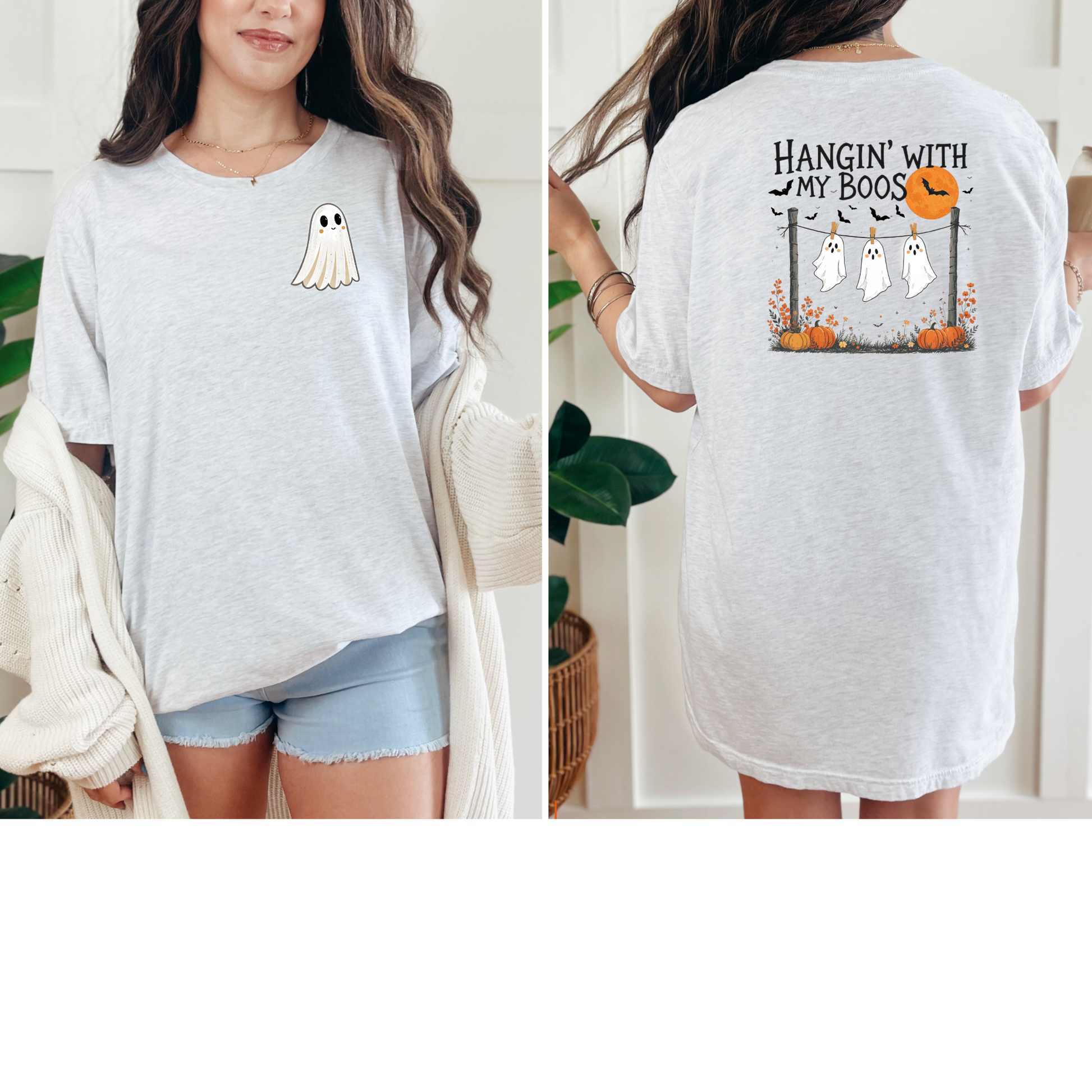 Wholesale Hanging Ghost Graphic Tee or Sweatshirt - Ash Tee Front/Back
