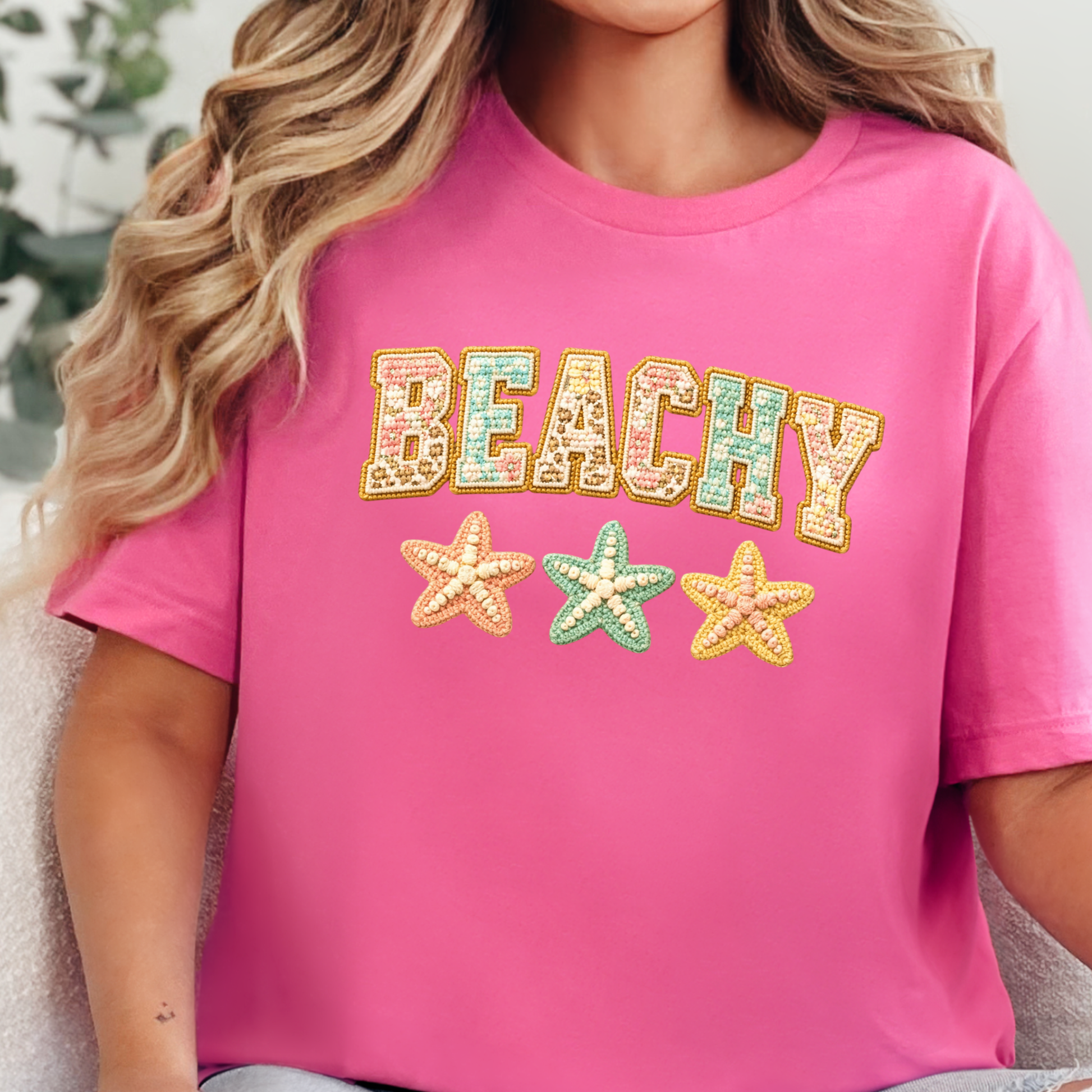 Wholesale Beachy Floral Patchwork Graphic Tee - Charity Pink