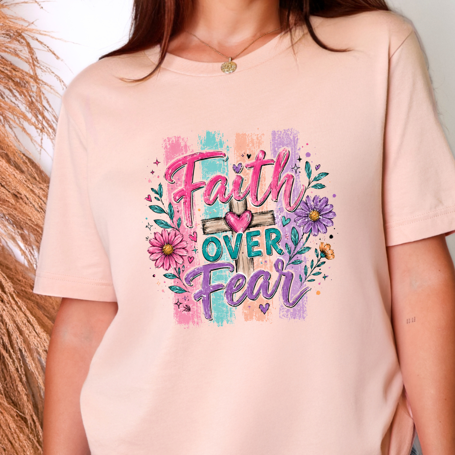 Wholesale Faith Over Fear Purple Graphic Tee - Peach