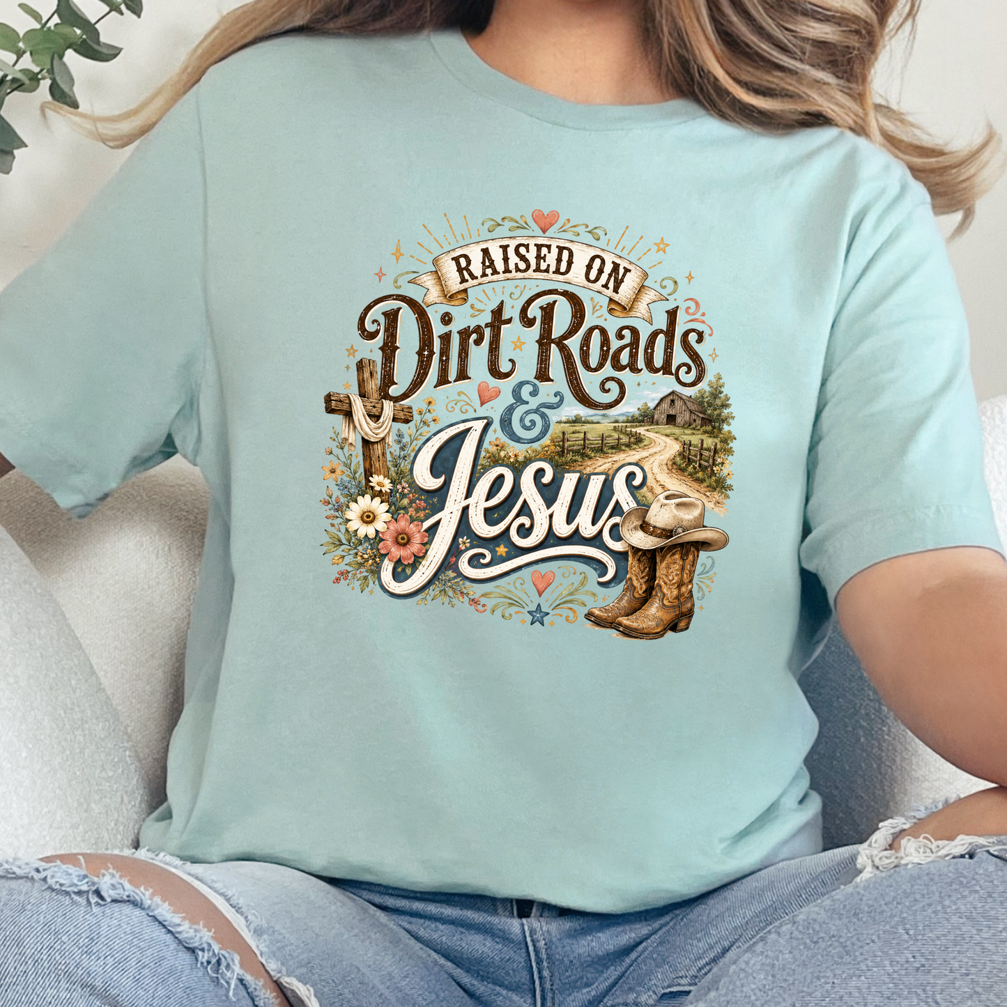 Raised on Dirt Roads & Jesus Graphic Tee - Dusty Blue