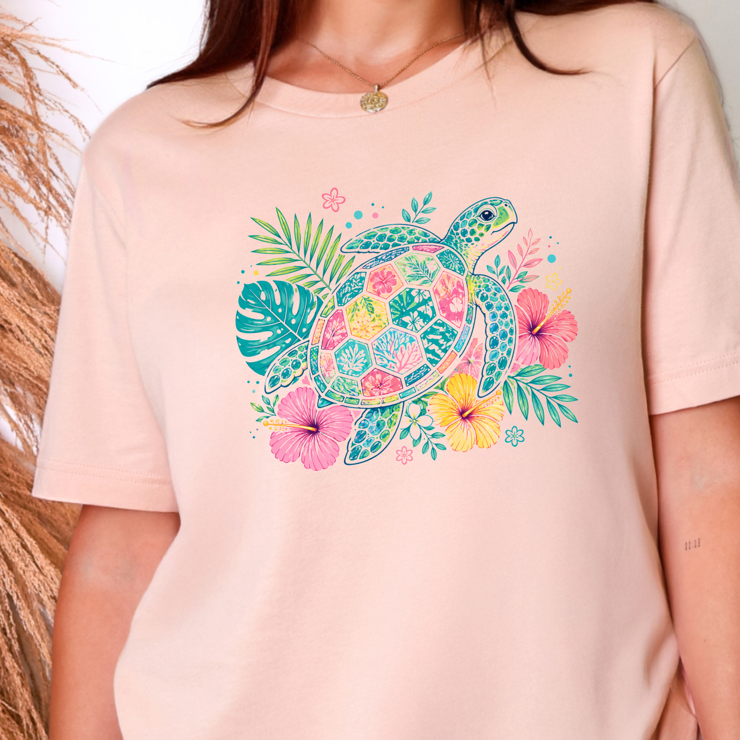 Wholesale Floral Sea Turtle Graphic Tee - Peach Tee