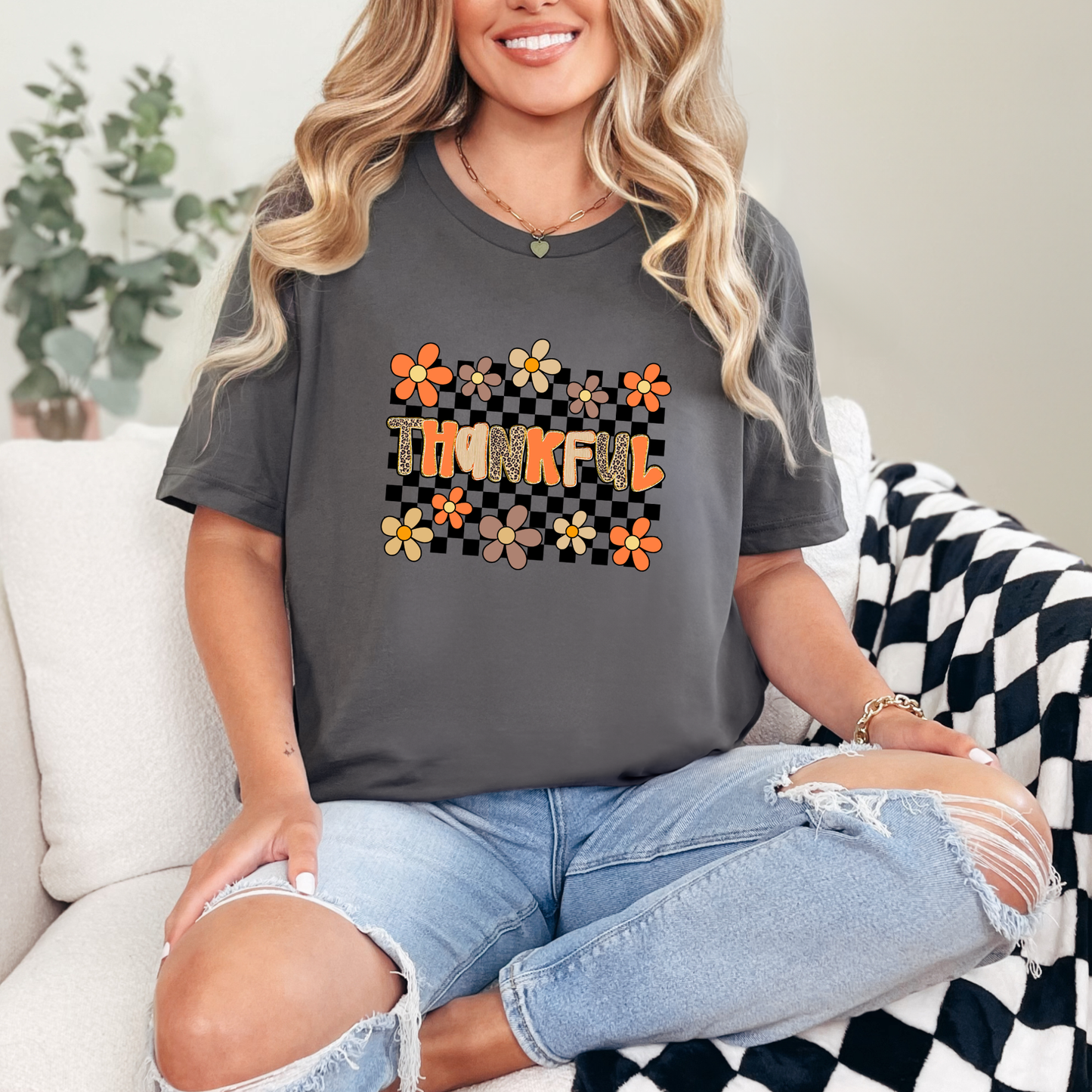 Wholesale Thankful Checkerboard Graphic Tee - Asphalt Tee