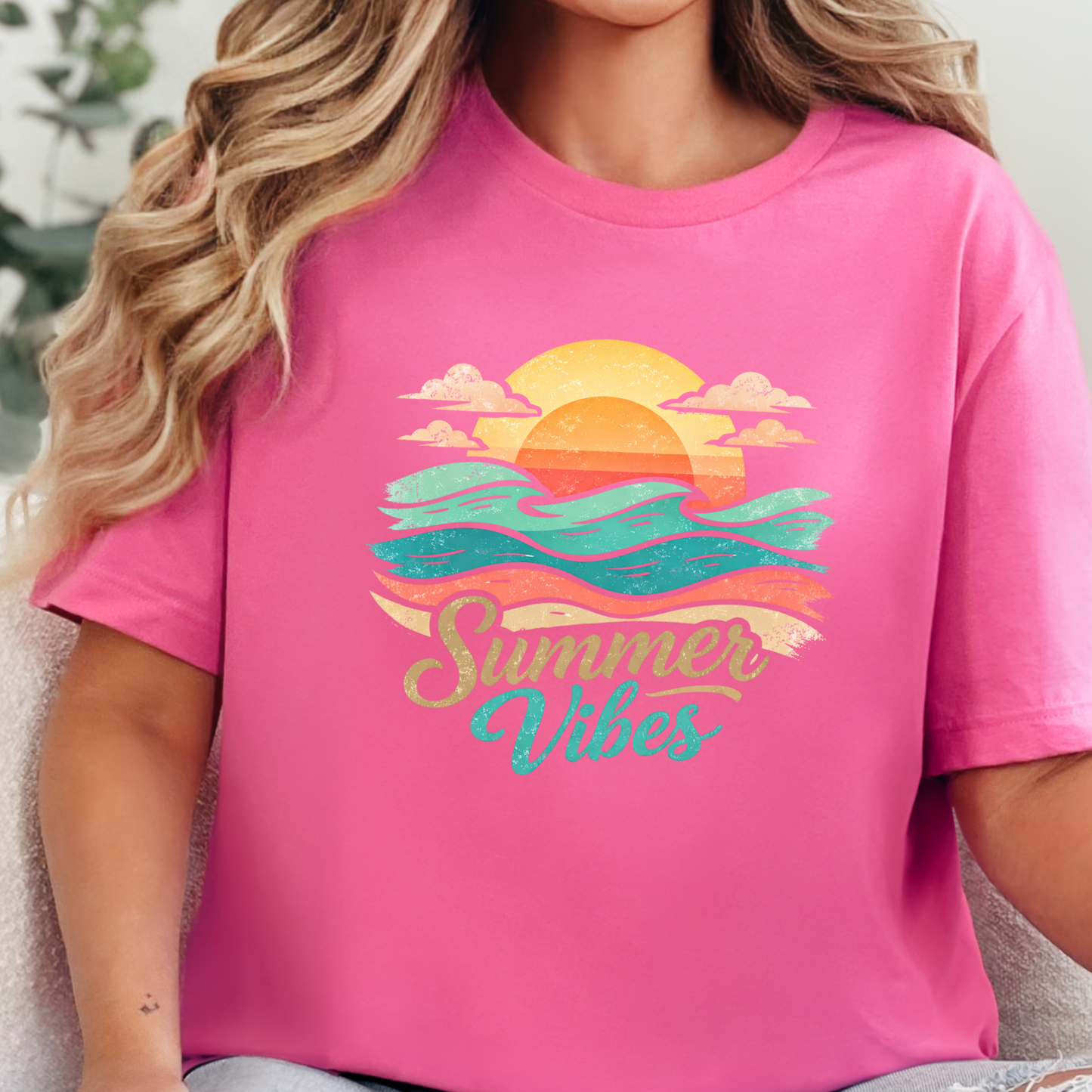 Wholesale Summer Vibes Sunset Graphic Tee - Charity Pink