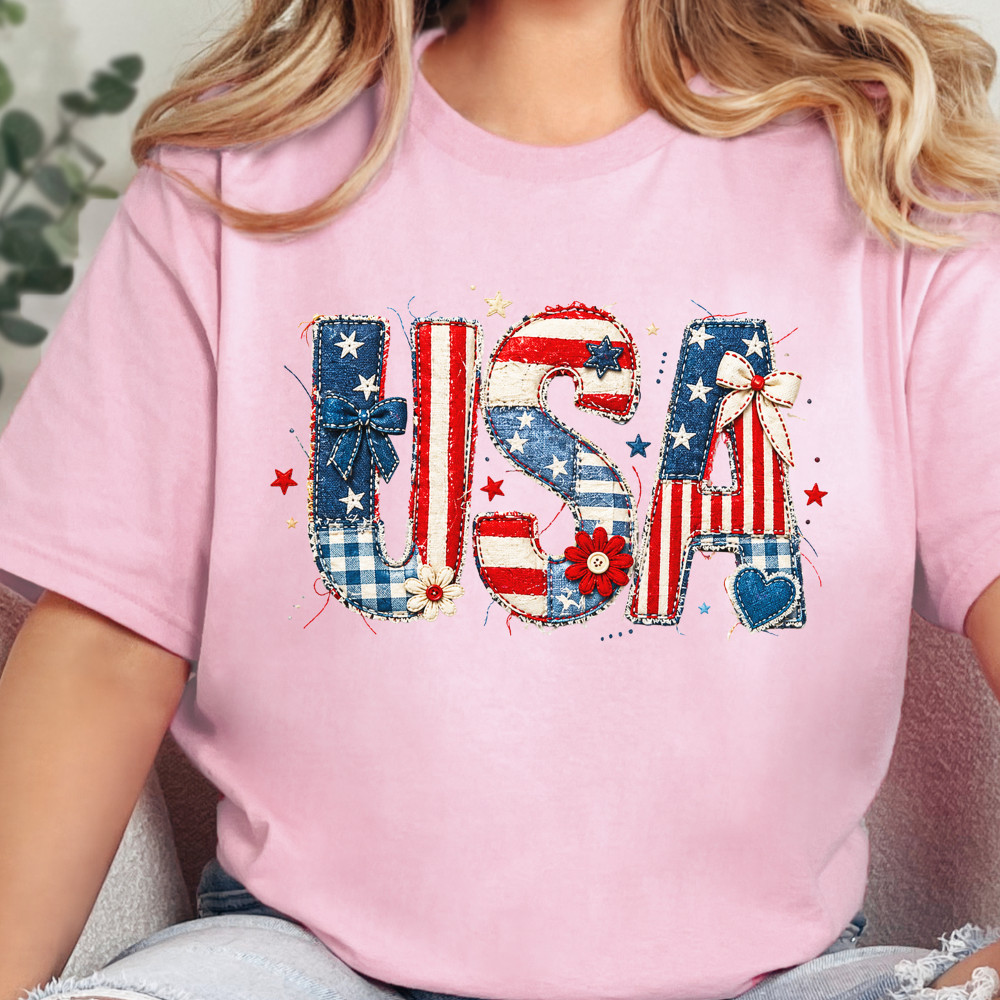 Wholesale USA Patchwork Graphic Tee - Pink