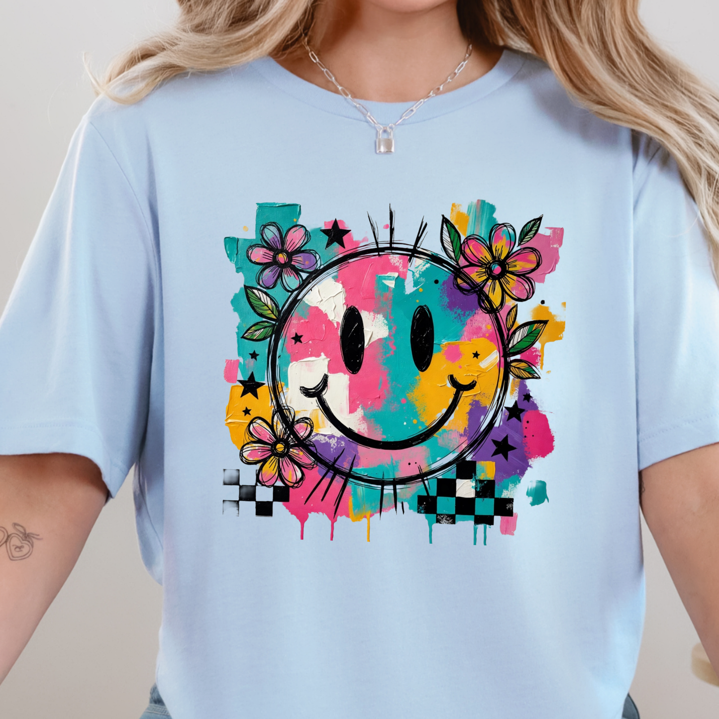 Wholesale Floral Happy Face Graphic Tee - Baby Blue Tee