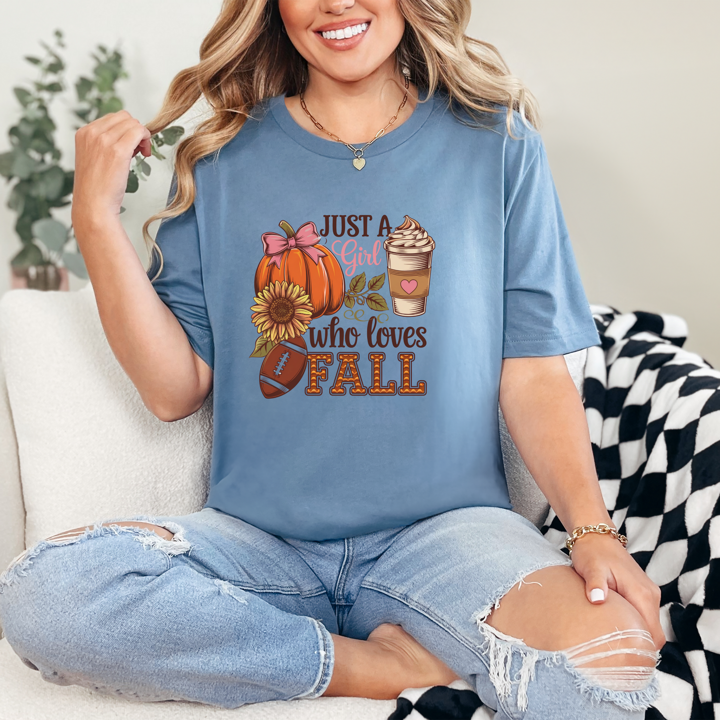 Wholesale Just a Girl Fall Graphic Tee - Steel Blue Tee