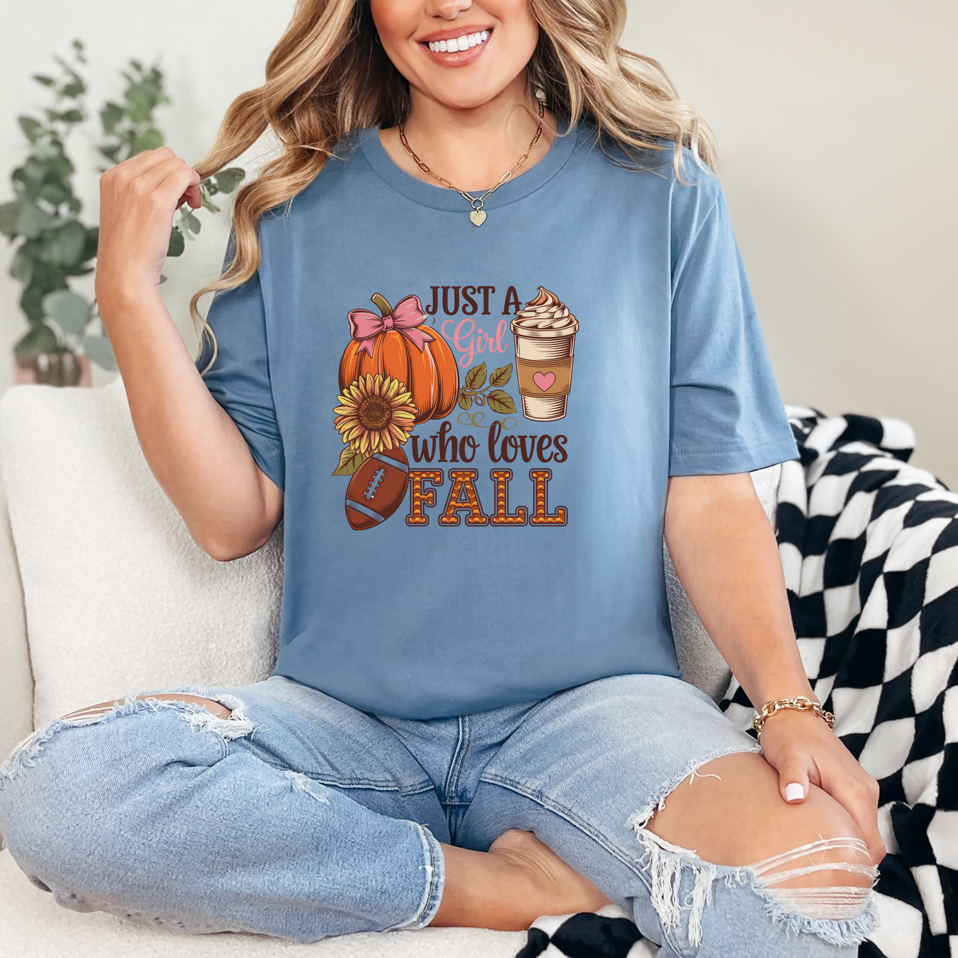 Wholesale Just a Girl Fall Graphic Tee - Steel Blue Tee