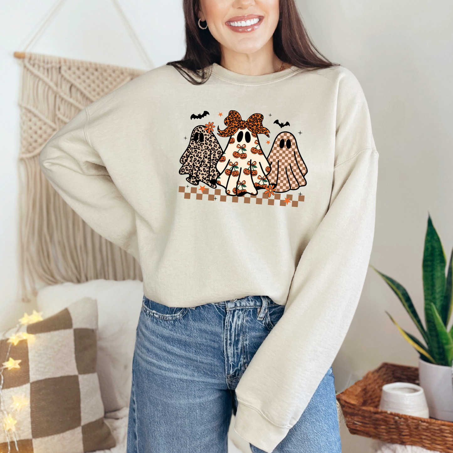 Wholesale Preppy Halloween Ghosts Graphic Tee or Sweatshirt - Sand Sweatshirt