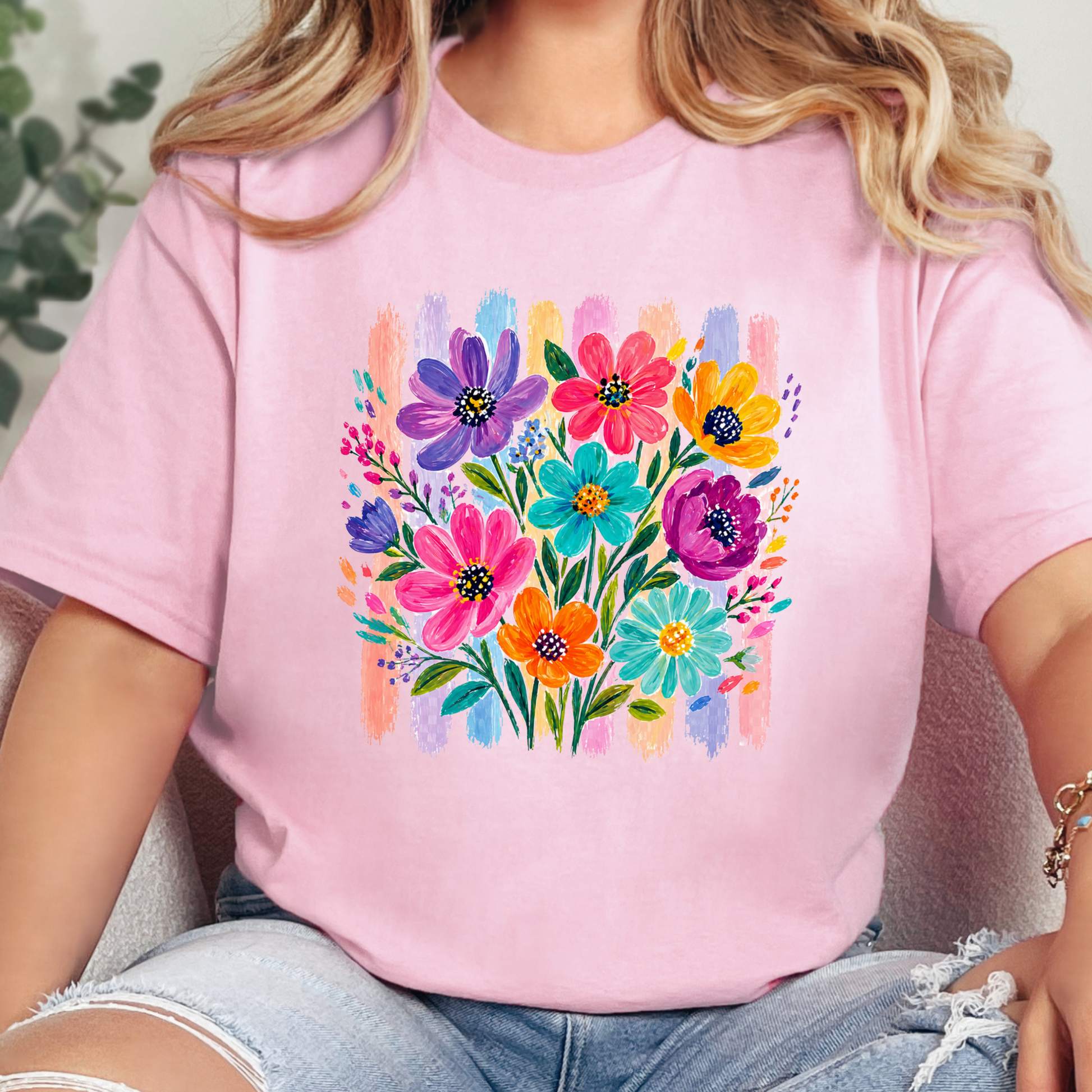 Wholesale Boho Floral Brushstroke Graphic Tee - Pink