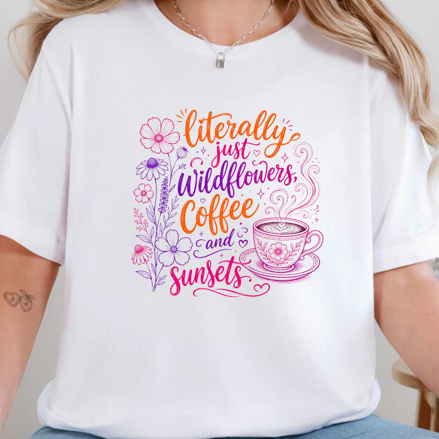 Wholesale Wildflowers Coffee Sunsets Graphic Tee - White