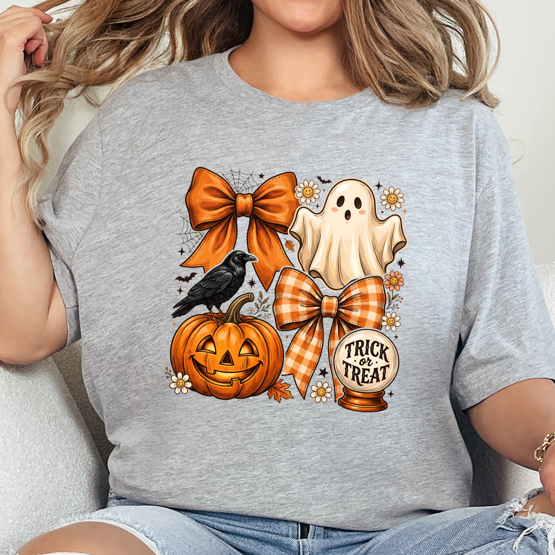 Wholesale Preppy Halloween Coquette Ghost Graphic Tee - Grey