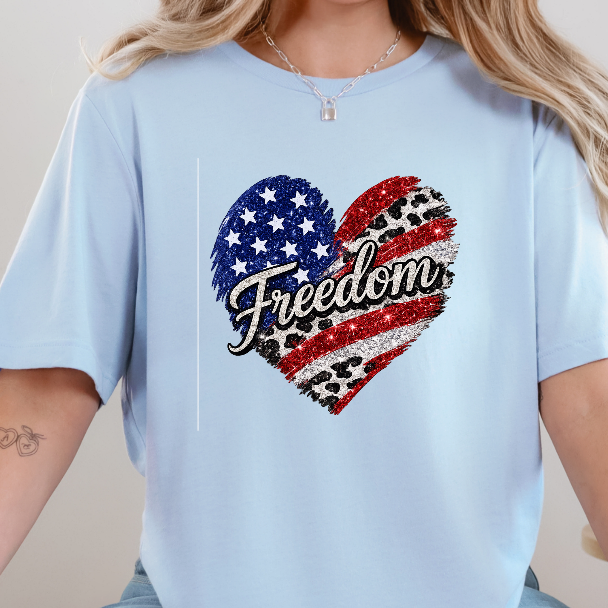 Wholesale Freedom Flag Cow Print Graphic Tee - Baby Blue