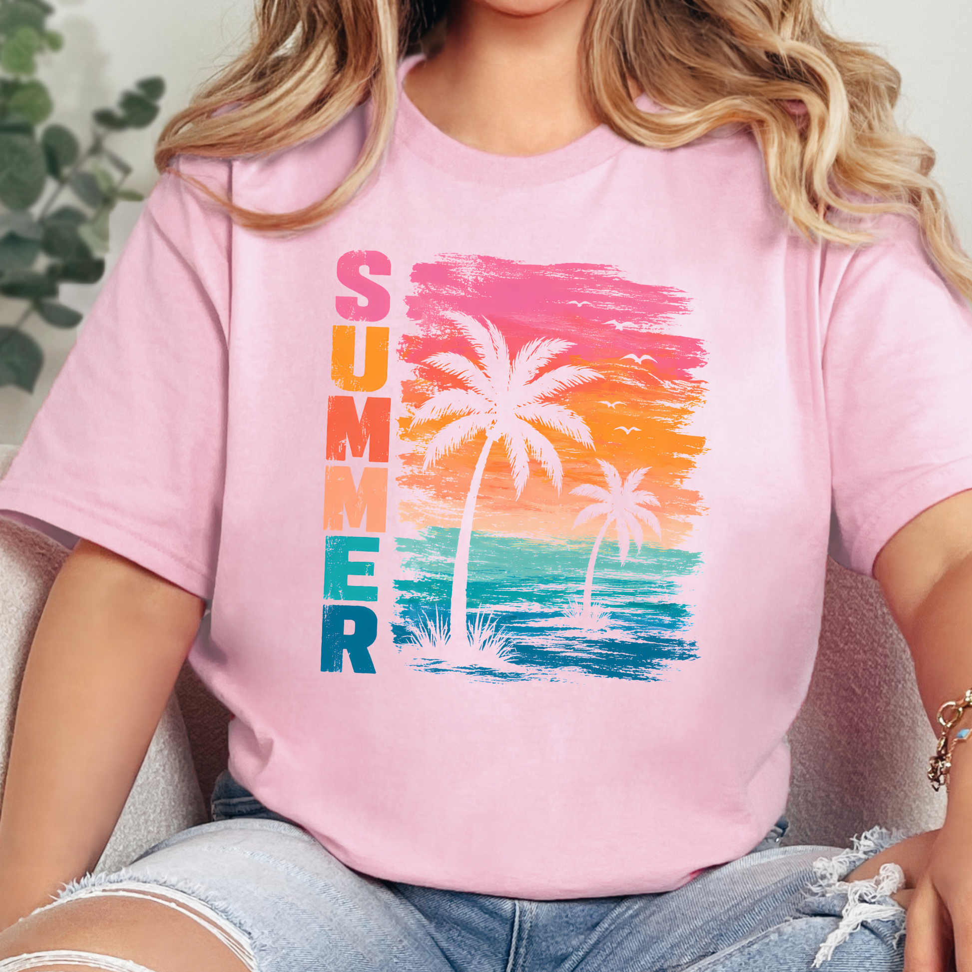 Wholesale Summer Beach Sunset Graphic Tee - Pink