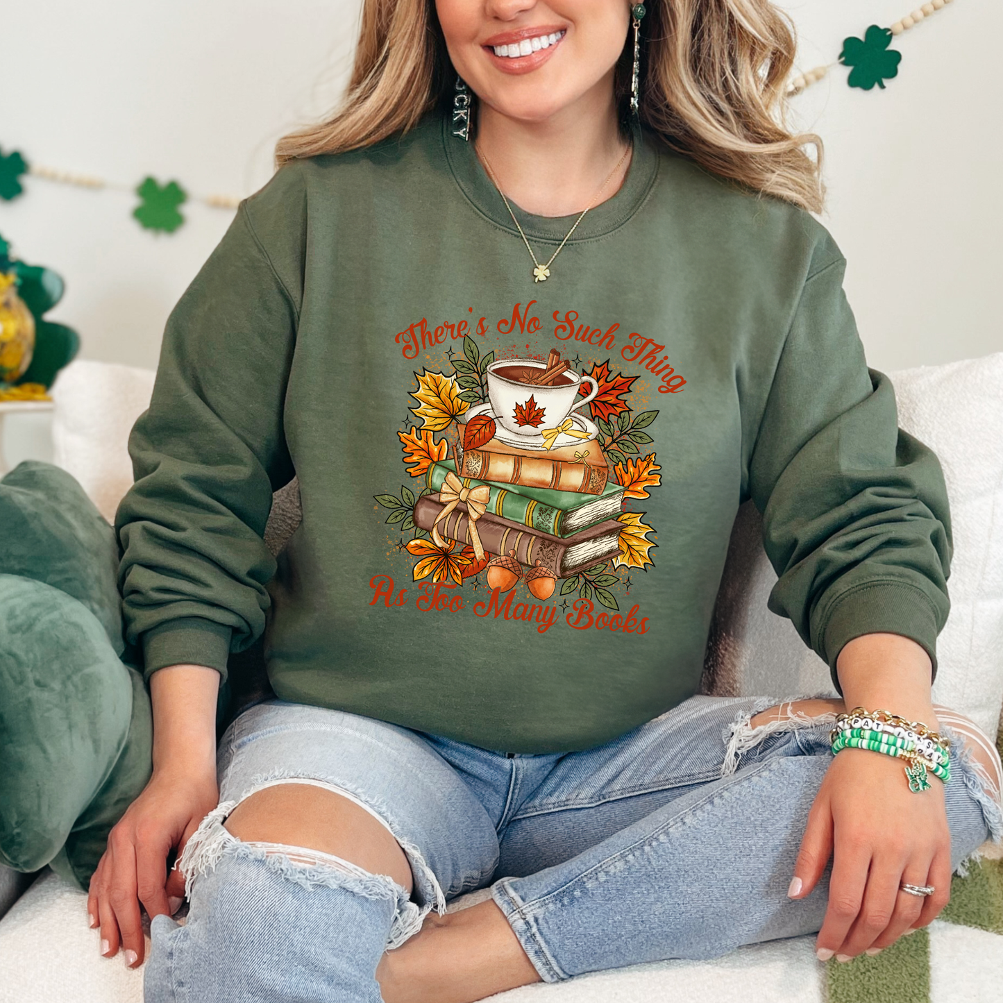 Wholesale Fall Too Many Books Sweatshirt - Military Green Sweatshirt