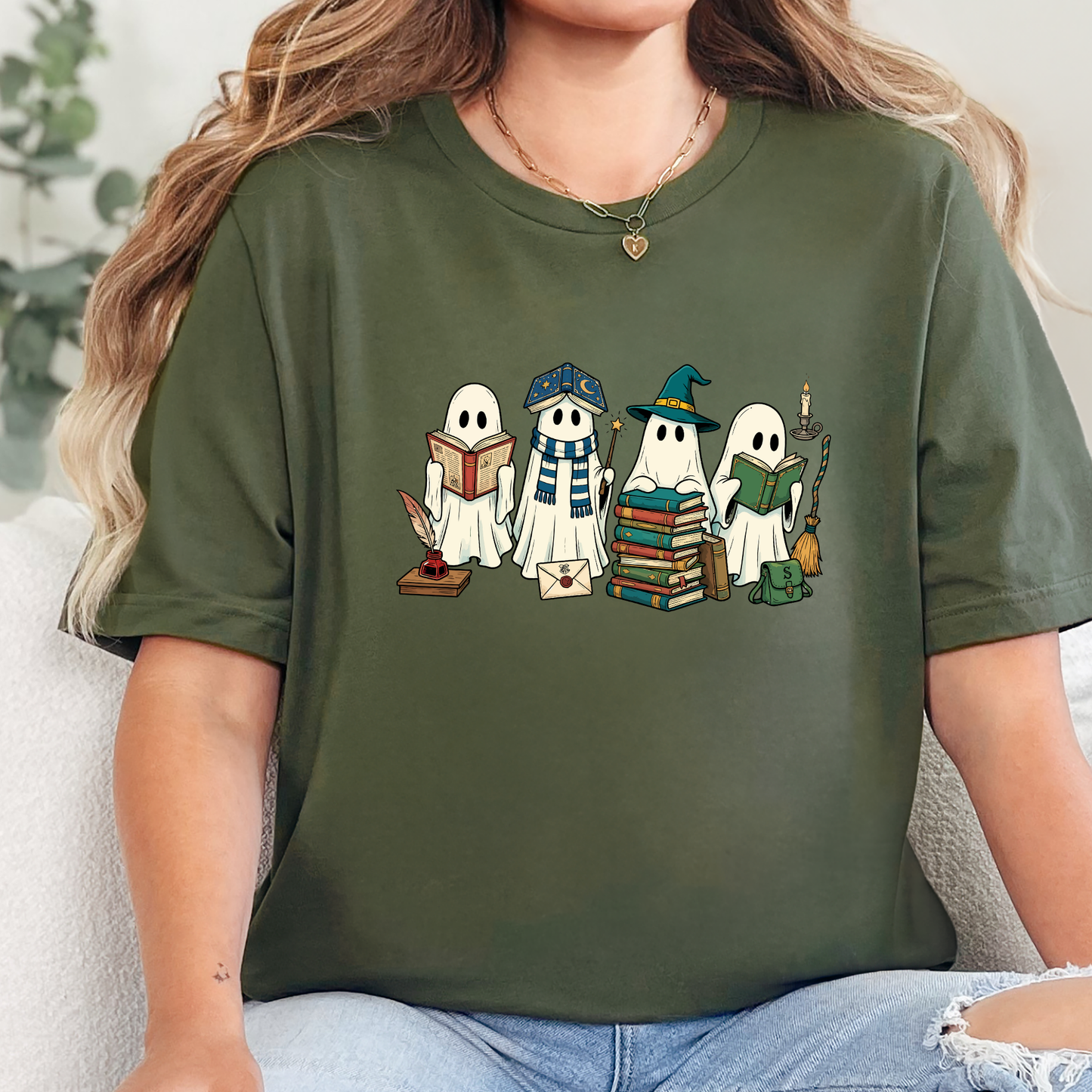 Wholesale Ghosts Reading Books Graphic Tee - Military Green