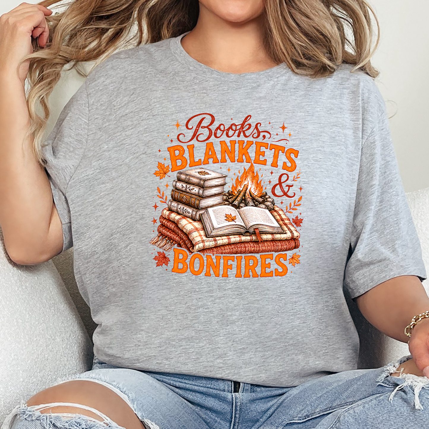 Wholesale Books, Blankets & Bonfires Graphic Tee - Grey