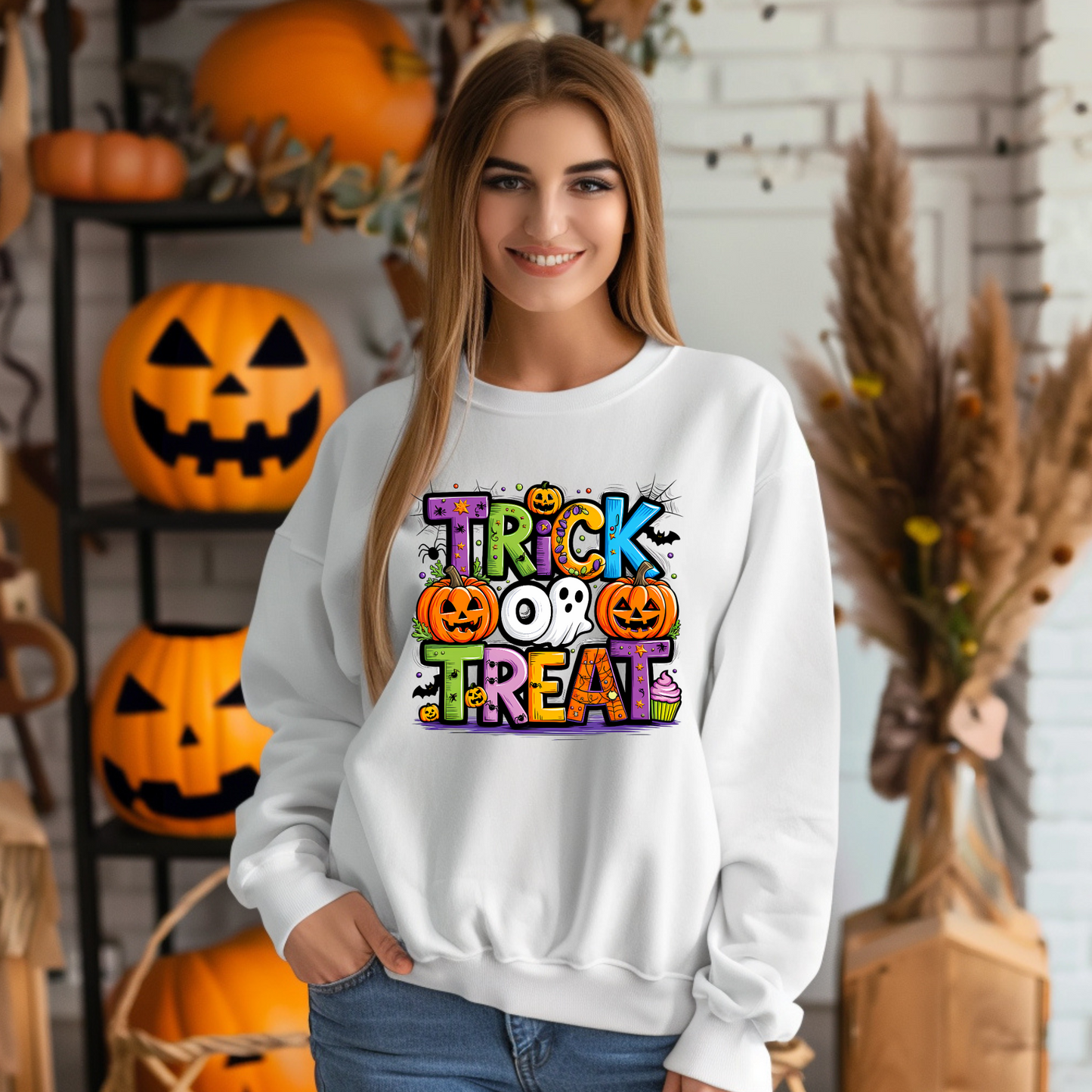 Wholesale Trick or Treat Graphic Tee or Sweatshirt - White Sweatshirt