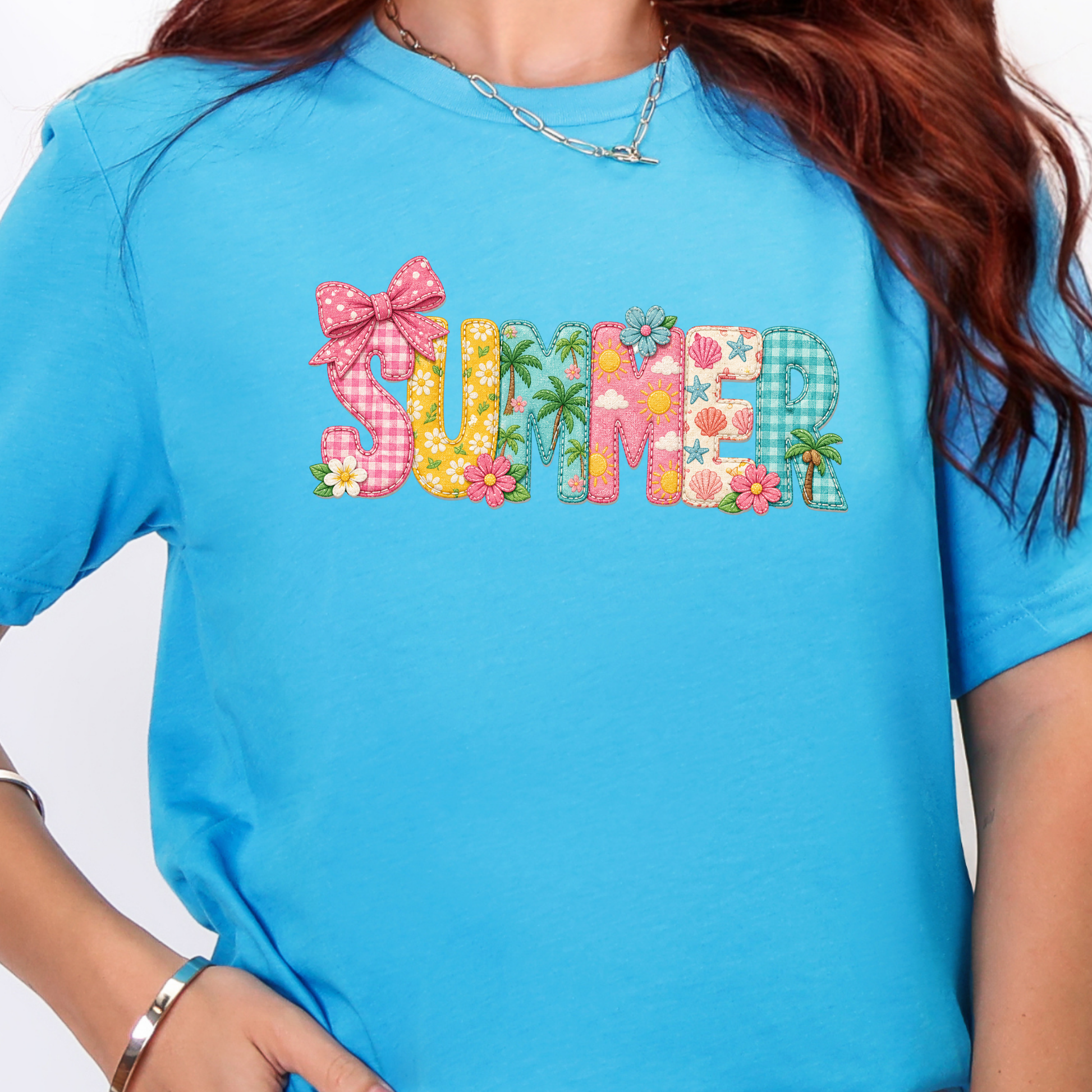 Wholesale Summer Patchwork Graphic Tee - Heather Aqua