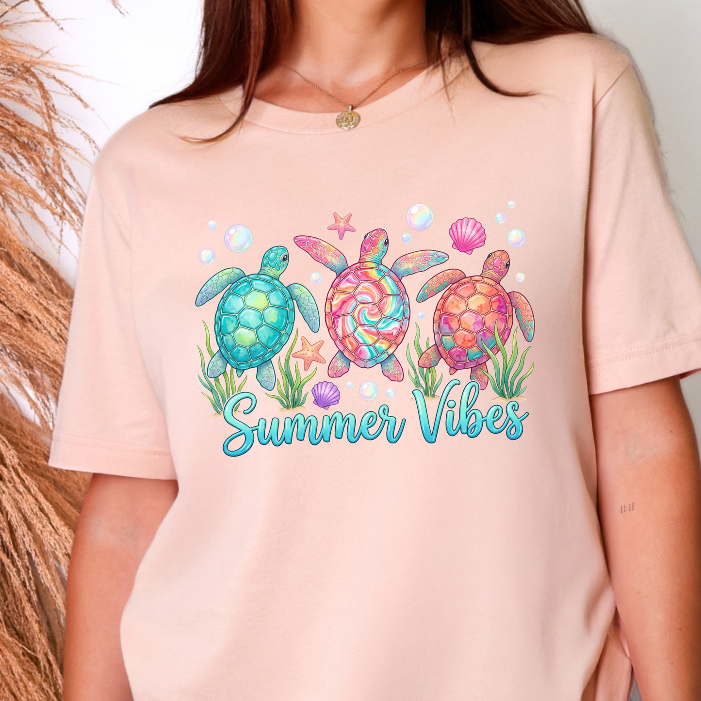 Wholesale Summer Vibes Sea Turtles Graphic Tee - Peach Tee
