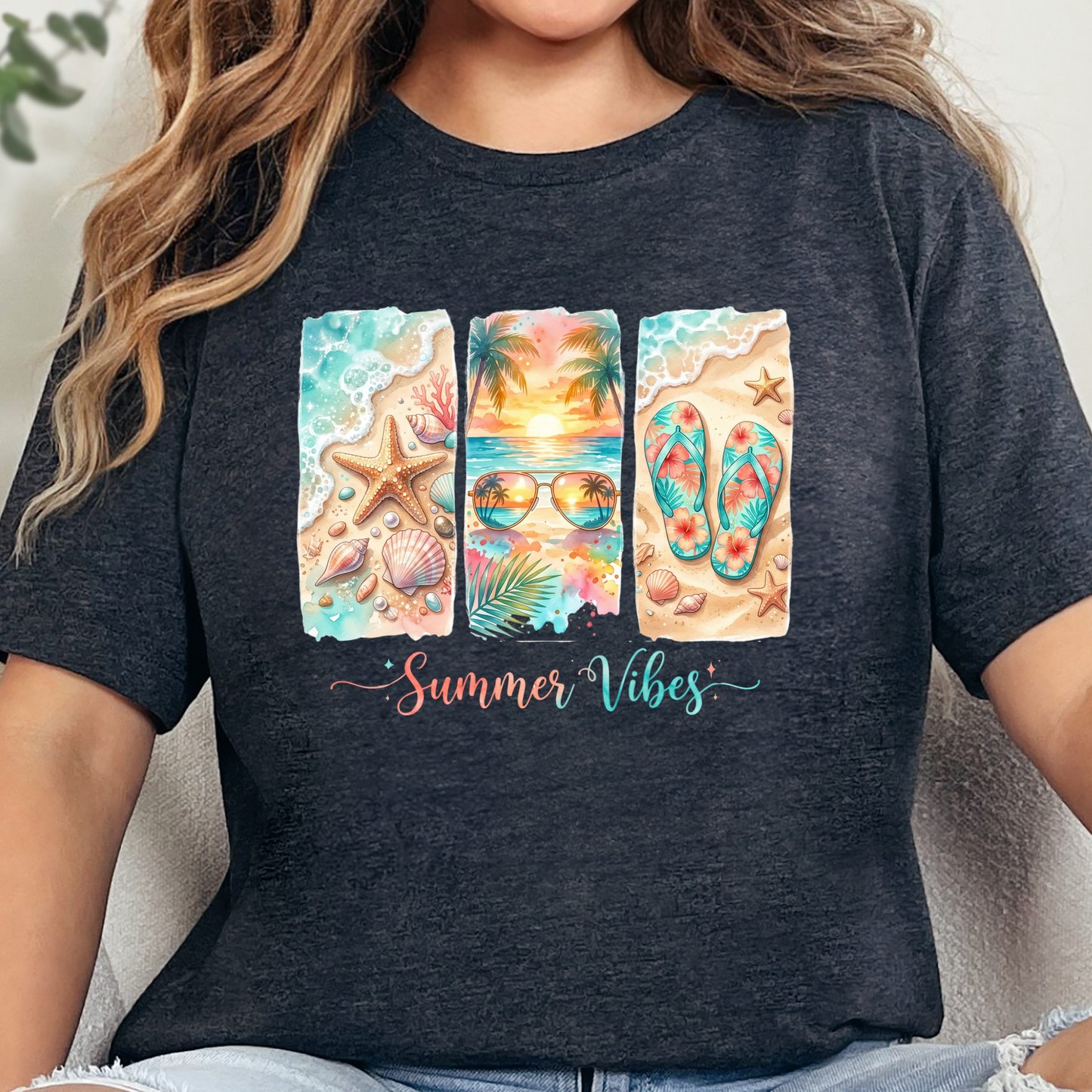 Wholesale Summer Vibes Beach Graphic Tee - Dark Grey Heather