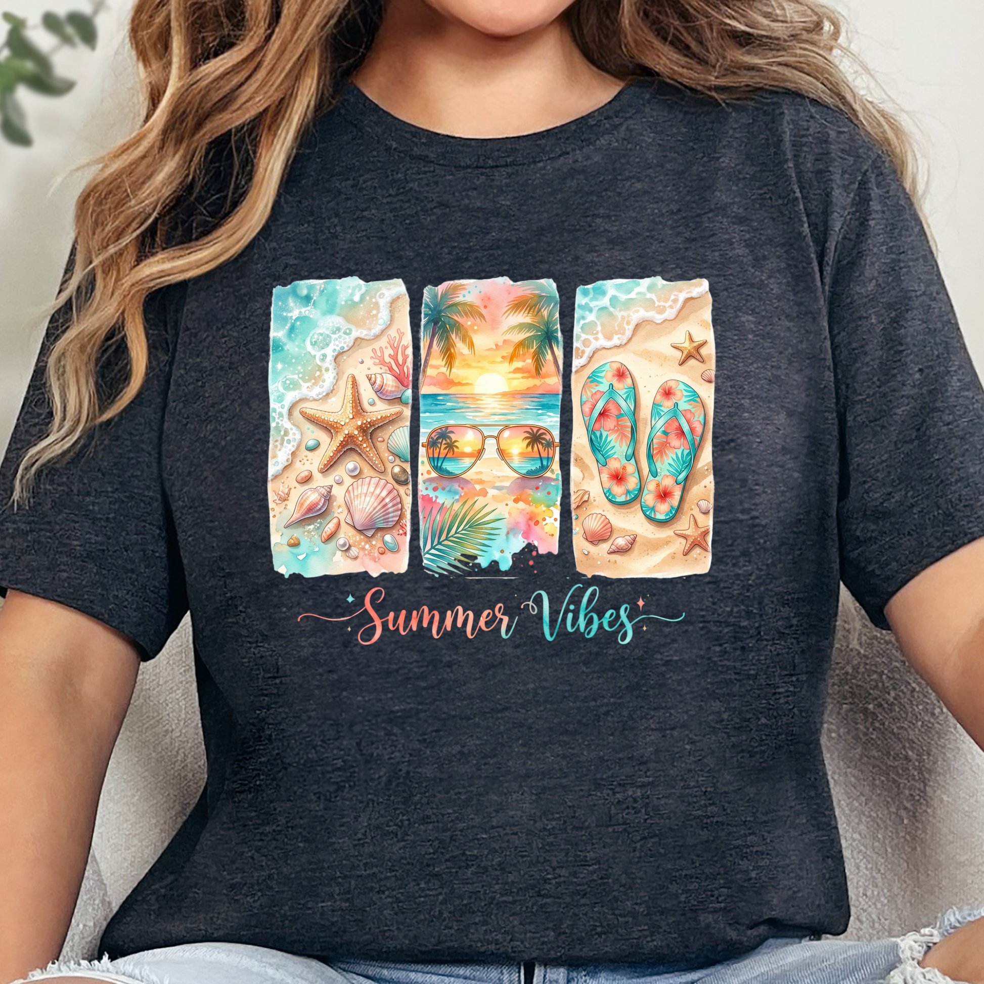 Wholesale Summer Vibes Beach Graphic Tee - Dark Grey Heather
