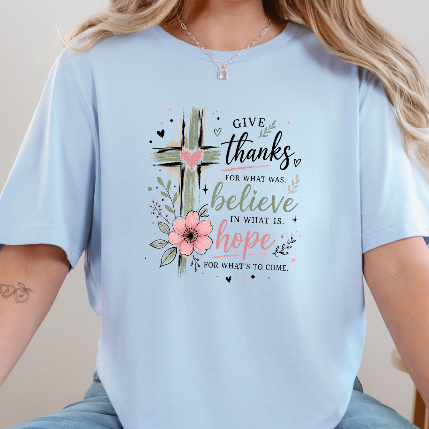 Wholesale Give Thanks Believe Hope Graphic Tee - Baby Blue