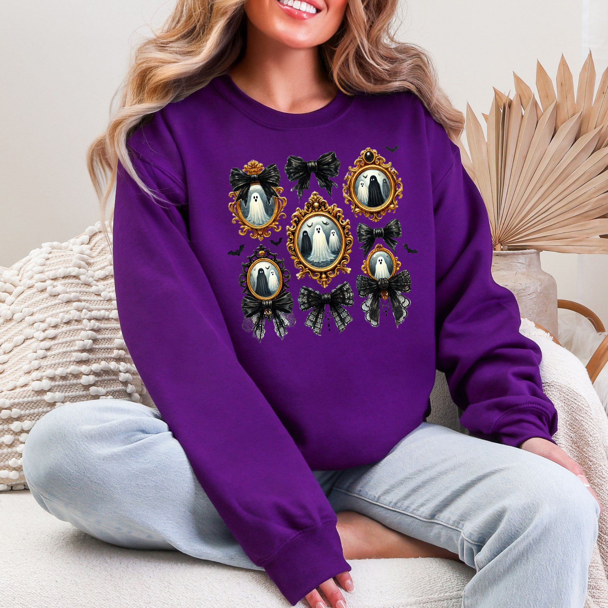 Wholesale Bow Ghost Coquette Sweatshirt - Purple Sweatshirt