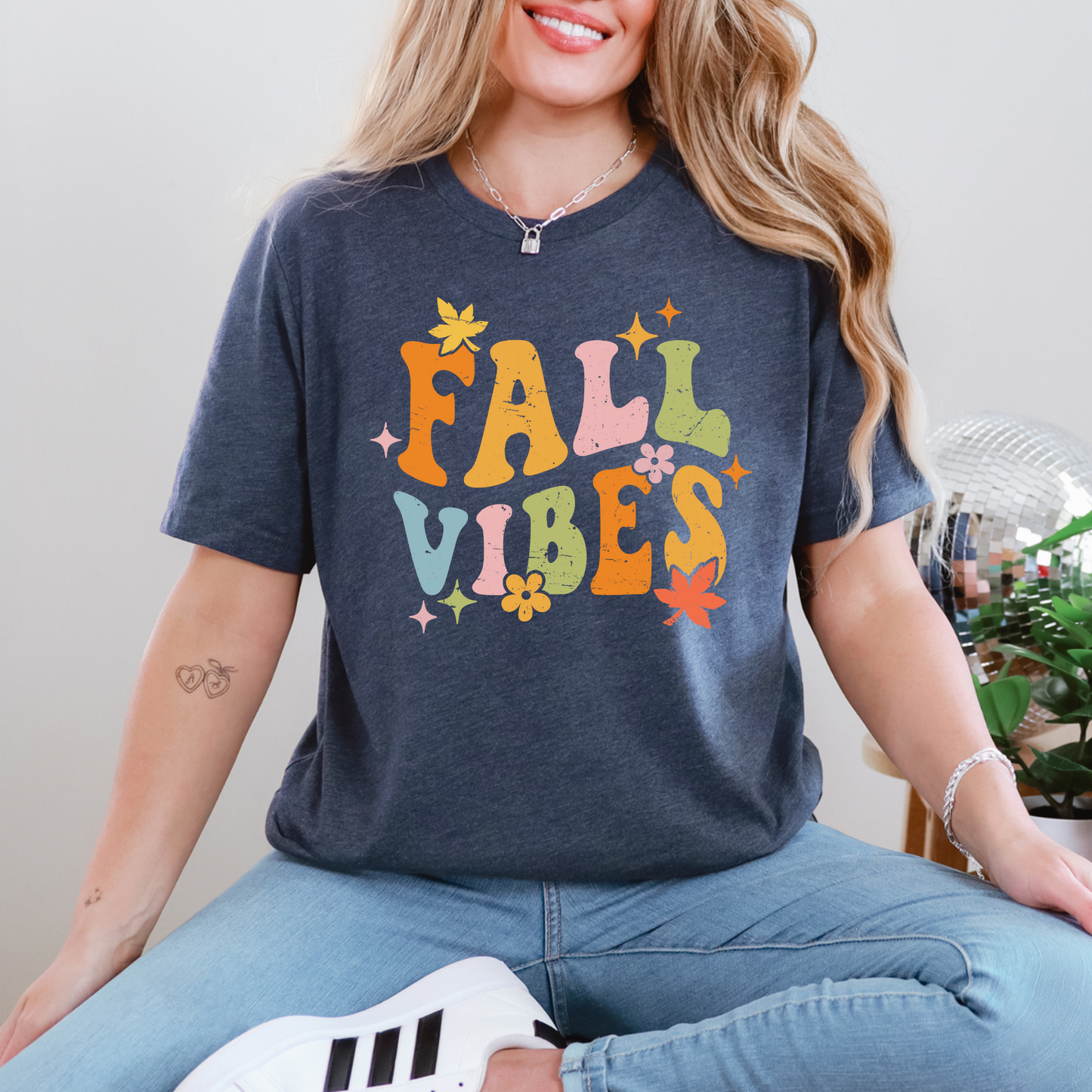 Wholesale Groovy Fall Vibes Graphic Tee - Heather Navy Tee