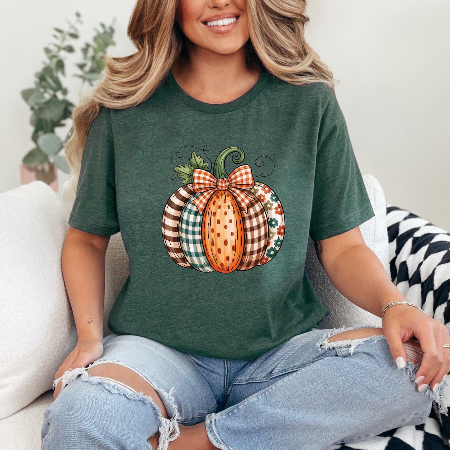 Wholesale Patchwork Pumpkin Graphic Tee - Heather Forest Tee
