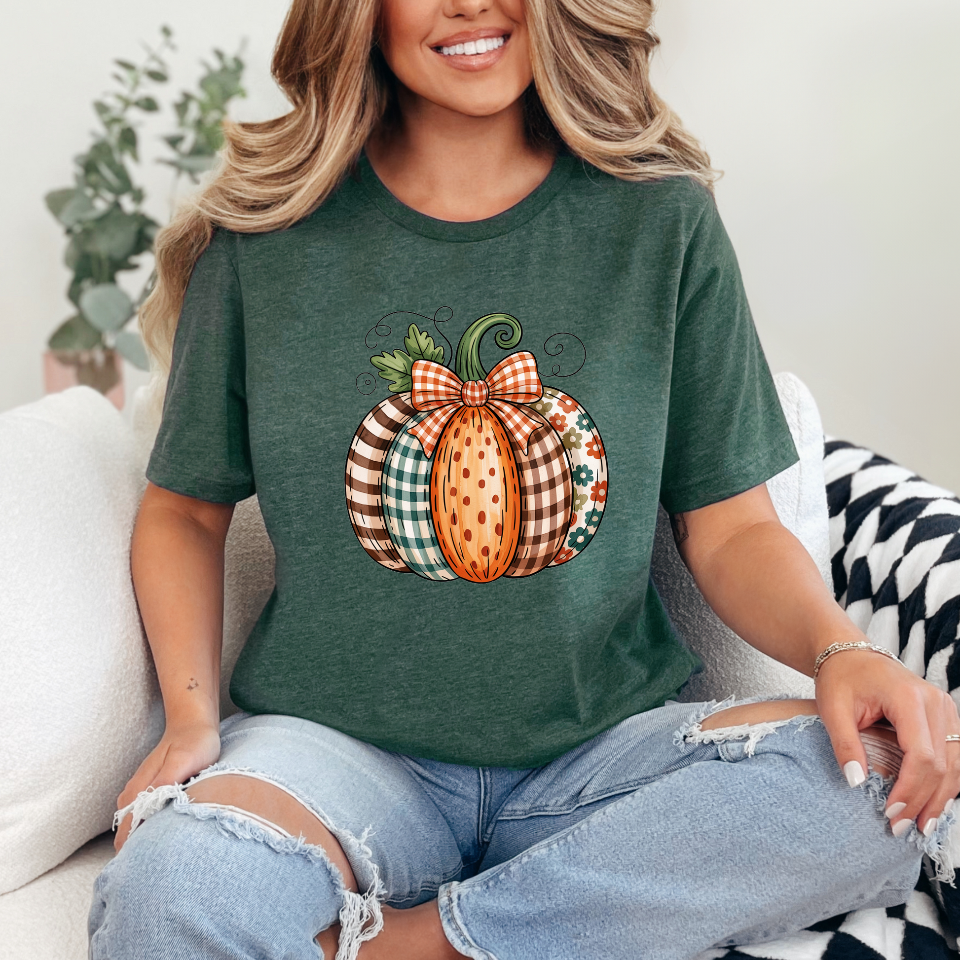 Wholesale Patchwork Pumpkin Graphic Tee - Heather Forest Tee