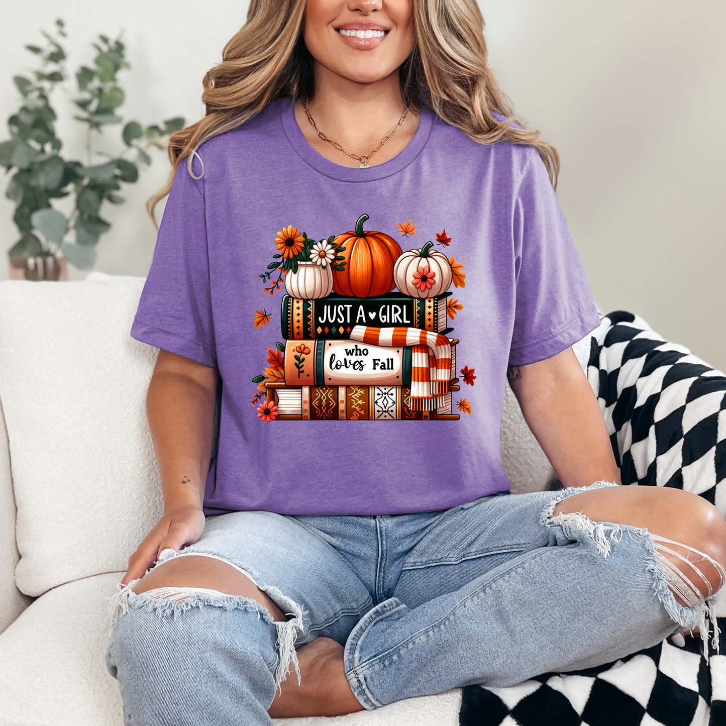 Wholesale Girl Who Loves Fall & Books Graphic Tee - Heather Team Purple Tee