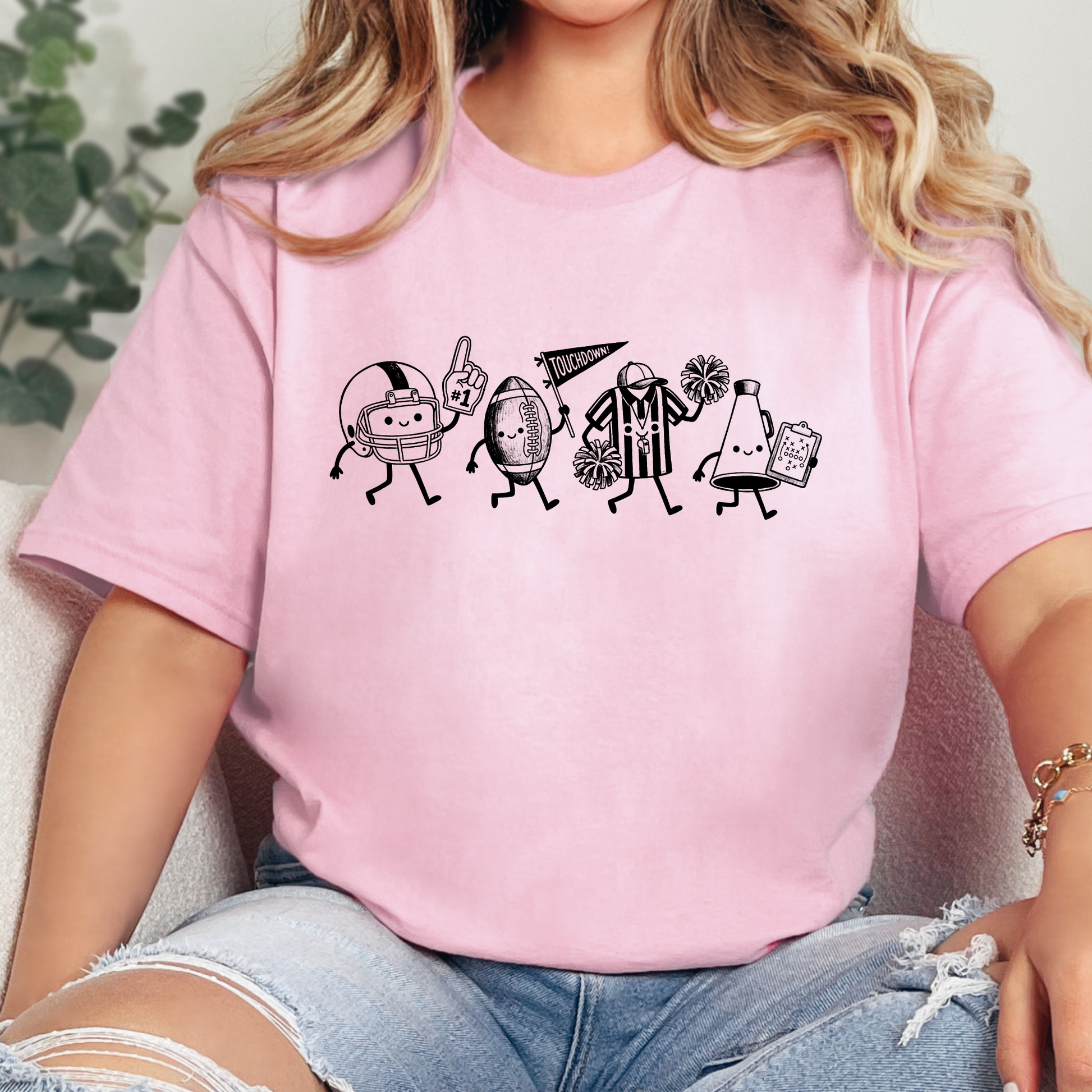 Wholesale Football Doodles Graphic Tee - Pink